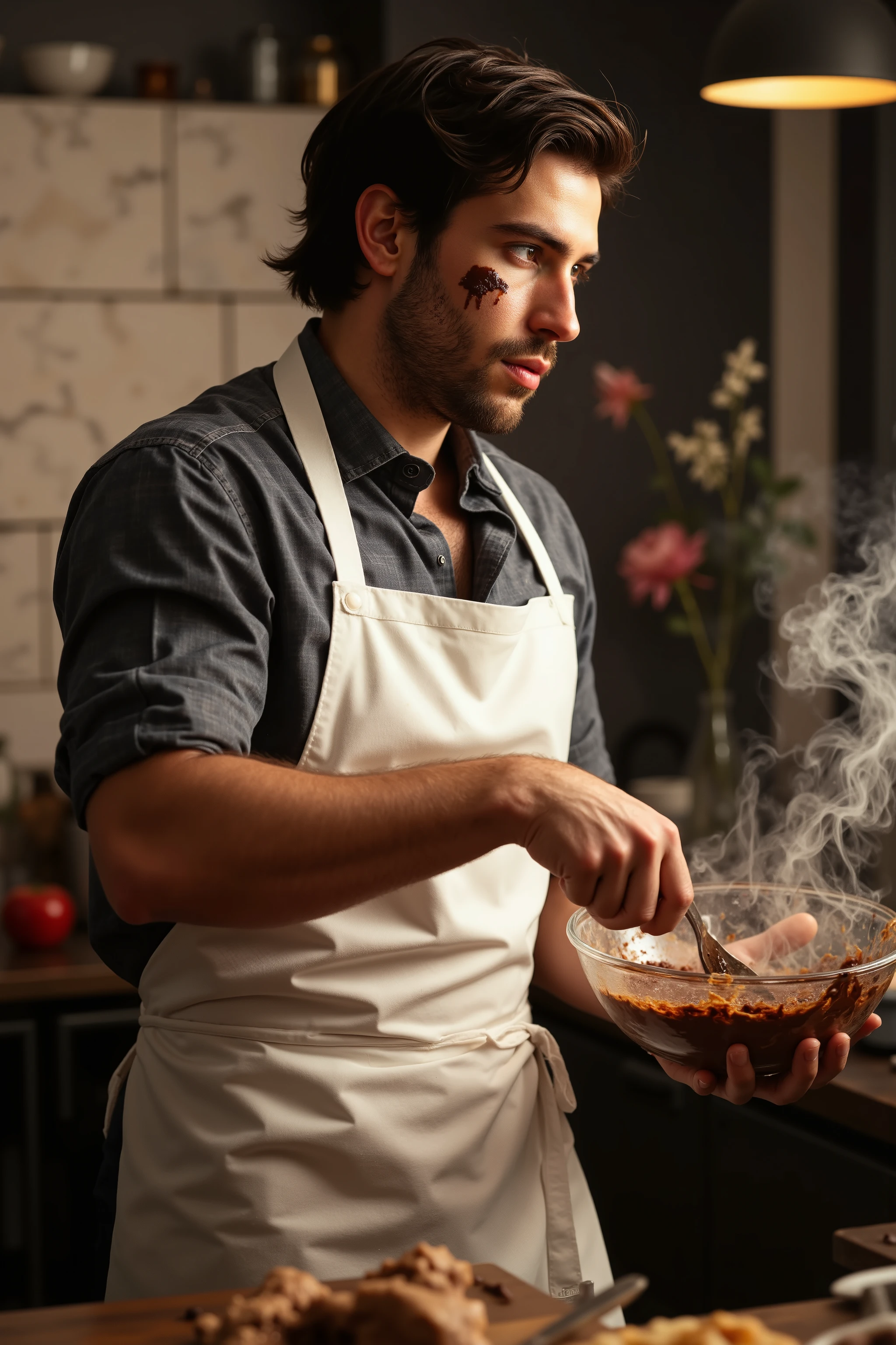 Neo-baroque style, oil pastel blend, young man\(with scar on cheek, melted chocolate on cheek, sharp eyes aiming for his prey, standing, holding cooking glass bowl in one hand and spatula in the other, mixing cooking bowl with spatula, wearing mafia outfit with dangerous aura, white apron on top\), delicious melted chocolate in cooking bowl, side shot, modern kitchen background, vase with flower gift placed to the side, dangerous aura, cooking scene, glamorous and luxurious setting, warm and rich color tones, exquisite details, dramatic lighting, intense expression, smoky atmosphere, UHD, retina, masterpiece, accurate, anatomically correct, textured skin, ultra detailed, high detail, high quality, best quality, high resolution, 1080P, HD, 16k