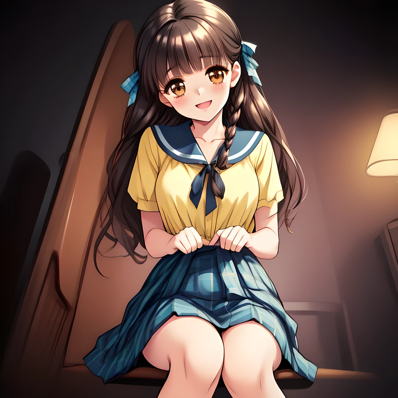 (highest quality, masterpiece:1.2), highest quality, High resolution, 1080p, 8K, (A yo beautiful pretty fashion model is seated on a char nobly and turning to me, most beloved girl in the school, (intelligent and perfectly balanced slender style), too flirting girly smile, amazingly neat & clean, in peace and neat lovely strong charm, (face up, looking down), tilted head: 1.8), (Too noble beautiful lady like a love-story comic heroine), (laugh in bliss), (Whispering the viewer's subliminal desire secretly to hypnotize the viewer), A very lovely, very noble, pretty and pure beautiful girls. ((Bursting out Laughing very elegantly)), ((white face)), Using expensive whitening cosmetics by cosmetics artist: 1.2), A white face that everyone loves, Glossy lips, (curled) bangs, (Too beautiful blue fascinating shiny (double-lidded) (brown eyes) with love to the viewer, ((deep upper girly eyelid)), laughing with detailed clearly: 1.5), ((amazingly beautiful straight (slightly wavy) long black light hair: 1.5)), (Sailor-style school uniform, Neat smart (yellow blouse)): 1.5), (A very neat, (tartan-checkered pleated blue skirt with thin fabric belt): 1.2), (too pretty shiny light-yellow realistic school ribbon): 1.5), (Shiny game heroine lips, extremely laughing open mouth: 1.0), (Ribbon in (black hair), long thin braids, The ribbon is big and very pretty), (Tight waist, slender like a beautiful fashion model: 1.5), (The background is (plain black space with lovely heart stars) to emphasize her fascination: 1.8), (The lady knows well about the viewer's super fetishism for school uniforms, and satisfies it completely: 1.7), (beautiful neat fascinating cute noble atmosphere in a high school only for beautiful ladies to learn how to charm men: 1.8), (take a full body shot from her side: 1.0)