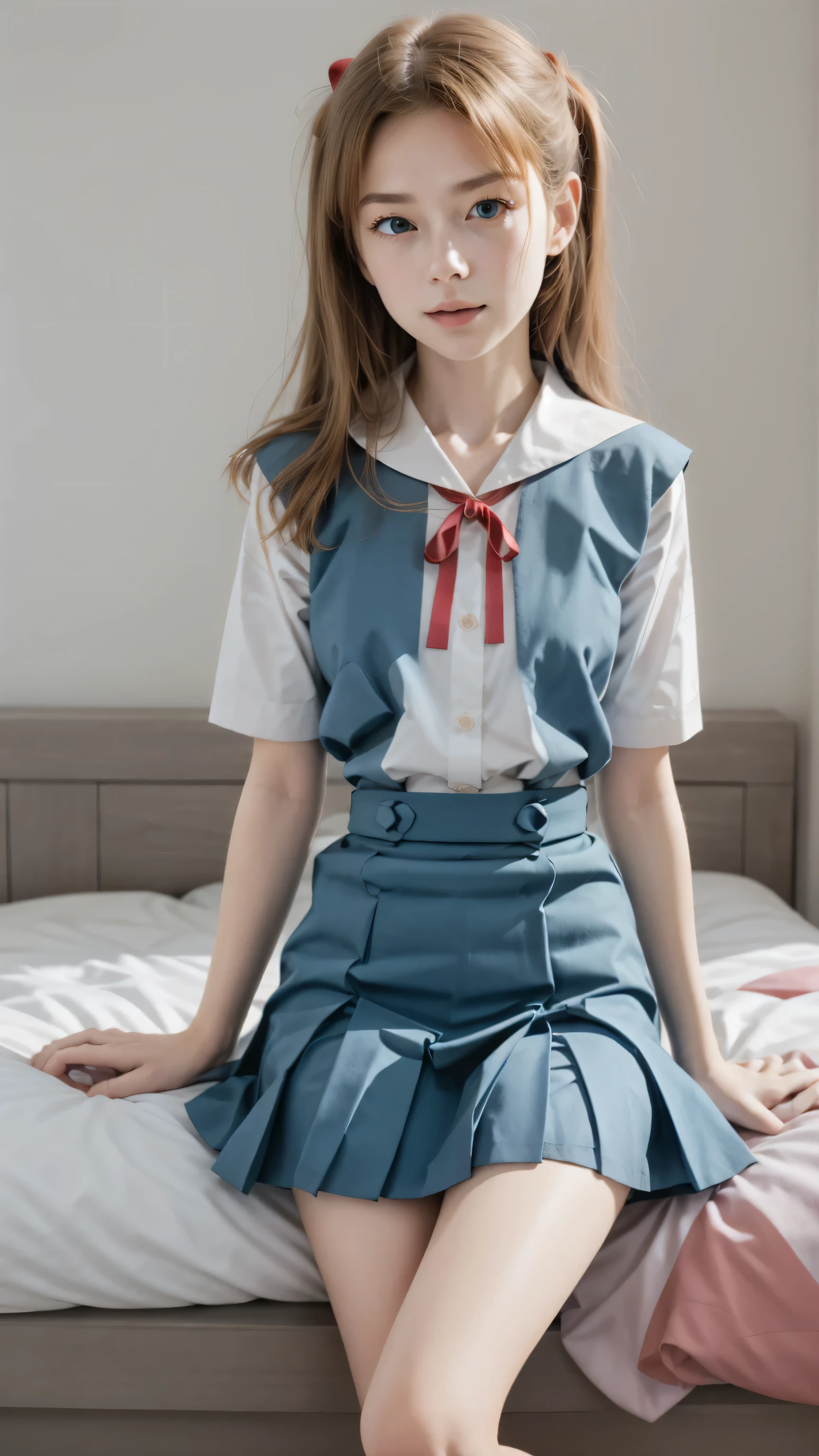 5),light  redhead,long  redhead,hair between eyes, redhead,ブルーサスペンダー skirt by humili, red ribbon,  white shirt,, shoes下, shoes,( natural pose:1),Understood,  blue eyes,  long hair,  hair accessories, Floral decoration,
  sailor suit, blue  skirt by humili, pleated  skirt by humili, ((ミニ skirt by humili:1.5)), Seraphim,  skirt by humili,  Summer clothes,
((  sexy underwear :1.5)), break indoors, (( lies on the bed:1.5)), ((It refers to head and upper arm :1.3) break looking at viewer, ( cowboy shooting:1.5), (( widen legs:1.3)), break ( Masterpiece:1.2),  top quality,  Hi-Res,  Unity 8k Wallpaper, (shape:0.8), ( beautiful fine details :1.6),  highly detailed face,  perfect lighting, 