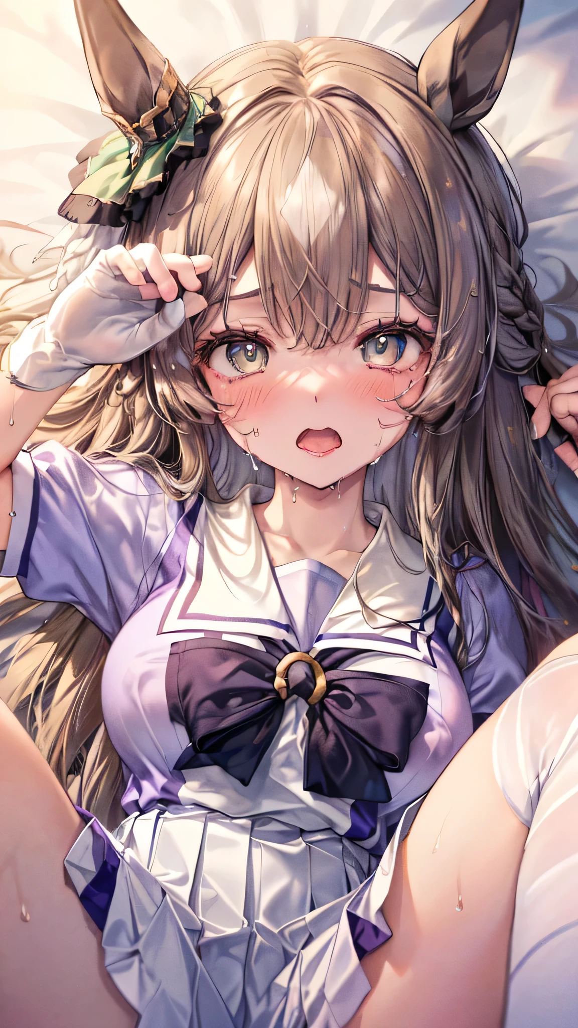 (Illustration of upper body:1.2), (masterpiece, sidelighting, finely detailed beautiful eyes, ultra-detailed, ultra high res, high quality makeup, beautiful detailed eyes:1.2), sexy, big eyes, drooping eye, (bed room), (1 girl:1.4), (school uniforms, summer uniform:1.6), (huge breasts:1.2), (slender body:1.3), (blush cheek:1.4), (Extremely cute:1.2), (extremely detailed beautiful face:1.2), (Authentic skin texture:1.4), (beautiful hair, beautiful face, beautiful eyes, beautiful hands), satono diamond \(umamusume\), (orgasm:1.6), (sexual aroused, sexual ecstasy climax face focus:1.6), (clothed:1.6), (shy:1.4), (face focus:1.6), (sweat:1.6), (arms up:1.3), (lying on back:1.4), (spread legs:1.6), (legs up:1.4), (knee-high socks:1.4), (sex:1.1), (erect nipples:1.2)