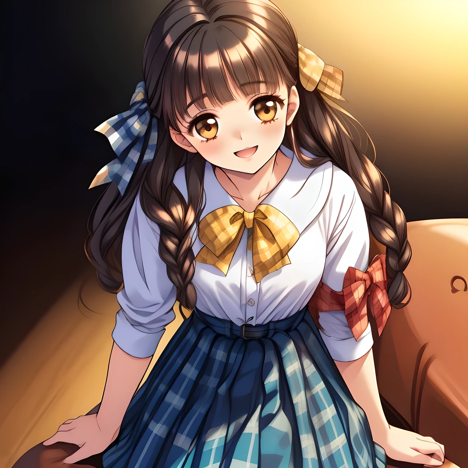 (highest quality, masterpiece:1.2), highest quality, High resolution, 1080p, 8K, (A yo beautiful pretty fashion model is seated on a char nobly and turning to me, studying how to charm, most beloved girl in the school, (intelligent and perfectly balanced slender style), too flirting girly smile, amazingly neat & clean, in peace and neat lovely strong charm, (face up, looking down), tilted head: 1.8), (Too noble beautiful lady like a love-story comic heroine), (laugh in bliss), (Whispering the viewer's subliminal desire secretly to hypnotize the viewer), A very lovely, very noble, pretty and pure beautiful girls. ((Bursting out Laughing very elegantly)), ((white face)), Using expensive whitening cosmetics by cosmetics artist: 1.2), A white face that everyone loves, Glossy lips, (curled) bangs, (Too beautiful blue fascinating shiny (double-lidded) (brown eyes) with love to the viewer, ((deep upper girly eyelid)), laughing with detailed clearly: 1.5), ((amazingly beautiful straight (slightly wavy) long black light hair: 1.5)), (Sailor-style school uniform, Neat smart (yellow blouse)): 1.5), (A very neat, (tartan-checkered pleated blue skirt with thin fabric belt): 1.2), (too pretty shiny light-yellow realistic school ribbon): 1.5), (Shiny game heroine lips, extremely laughing open mouth: 1.0), (Ribbon in (black hair), long thin braids, The ribbon is big and very pretty), (Tight waist, slender like a beautiful fashion model: 1.5), (The background is (plain black space with lovely heart stars) to emphasize her fascination: 1.8), (The lady knows well about the viewer's super fetishism for school uniforms, and satisfies it completely: 1.7), (beautiful neat fascinating cute noble atmosphere in a high school only for beautiful ladies to learn how to charm men deeply: 1.8), (take a full body shot from her side: 1.0)