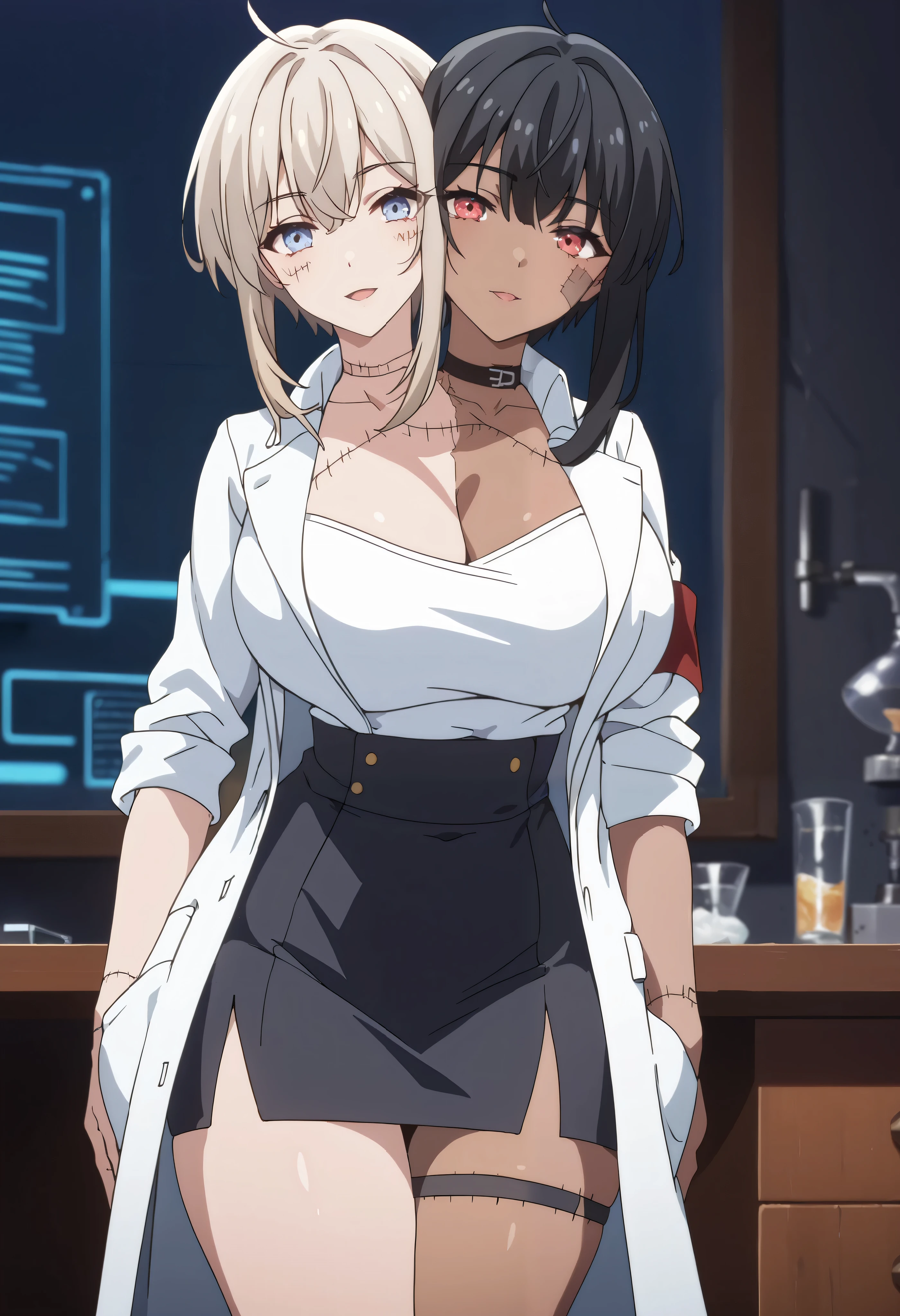 2heads, twoheads, a tall thin woman with 2 heads, white hair, black hair, blue eyes, red eyes, half dark skin and light beige skin, two tone skin, light beige skin, dark skin, white shirt, lab coat, black pencil Skirt, large breasts, Basement, stitched, stitchedface, patchwork skin