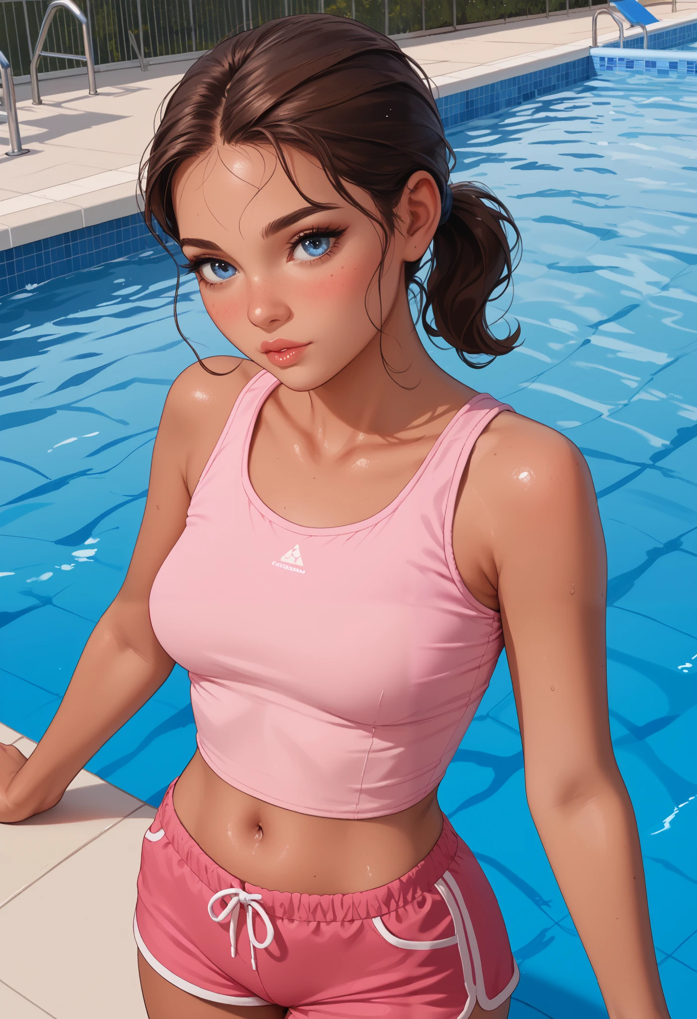 Dominic, rathing_questionable , brunette tanned, thick eyelashed, nice eyebrowed, plastic lips, brown ponytail, blue eyes, thick legged, plastic breasted ,Walking along the edge of the hotel rooftop swimming pool. (Cropped swim tank top) (pink swim shorts) ,((Medium bust:0.9)) , ((very thin:0.8)) gaunt , strong (look at arm) 6 pack muscle (Flat chest:0.2) Medium ass , sexy pose (Run shy)
