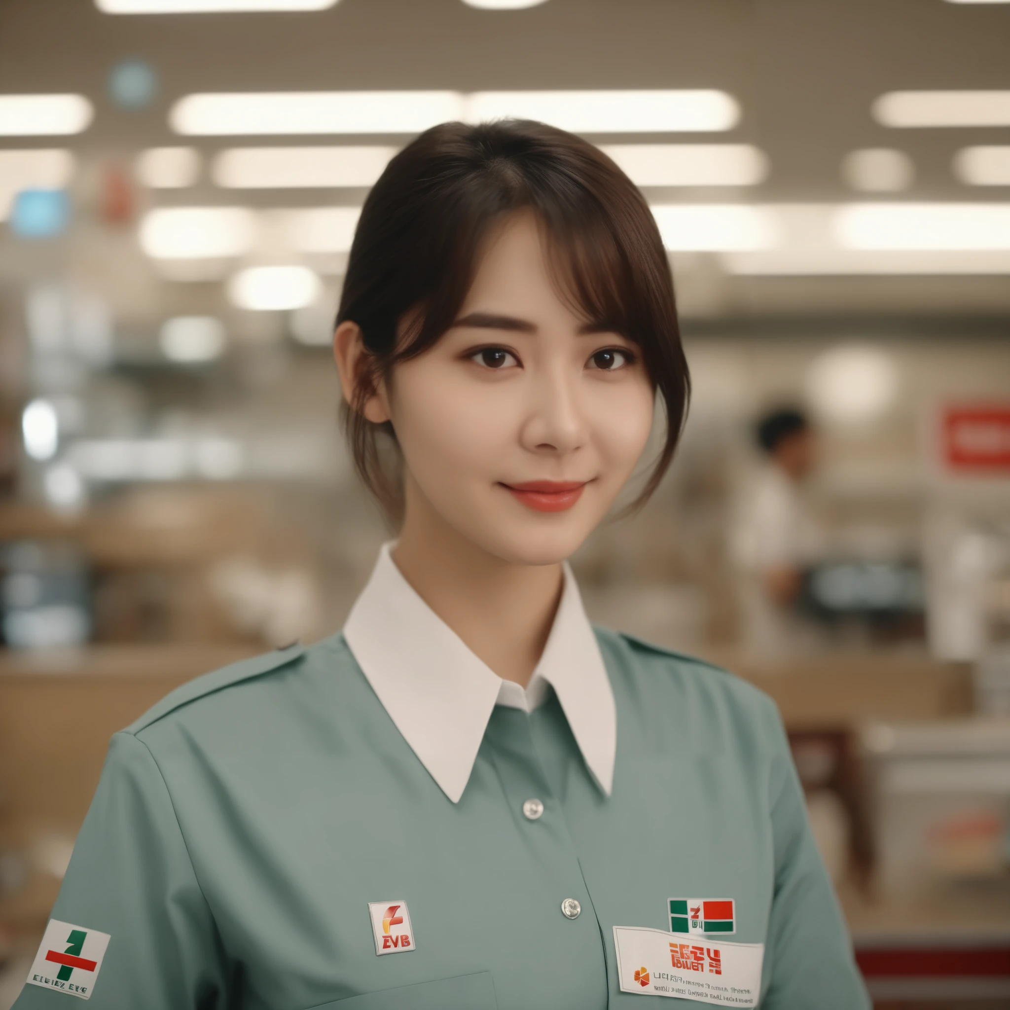 Cinematic top quality, Super detailed,Seven Eleven showing their , scenery, indoor, ID card, One girl, box, Brown Hair, shirt, short hair, uniform, Holding, employee uniform, Short sleeve, Black Hair, realistic, photograph (Moderate), photograph background、She is completely unbuttoning her uniform to show her breasts.
. Emotional, Harmonious, Vignette, Very detailed, High budget, bokeh, cinemascope, Sulky, amazing, nice, Film Grain, Granular