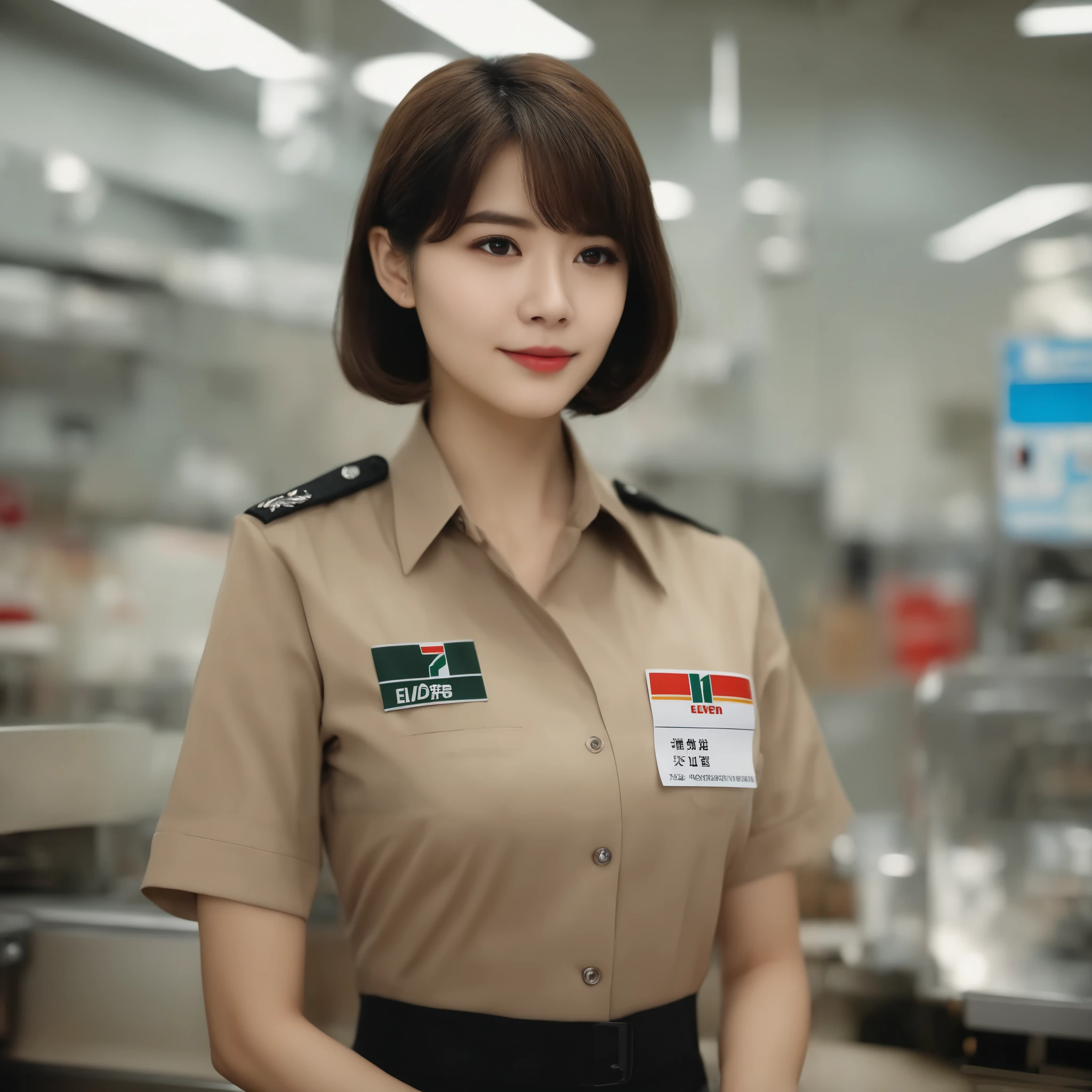 Cinematic top quality, Super detailed,Seven Eleven showing their , scenery, indoor, ID card, One girl, box, Brown Hair, shirt, short hair, uniform, Holding, employee uniform, Short sleeve, Black Hair, realistic, photograph (Moderate), photograph background、She is completely unbuttoning her uniform to show her breasts.
. Emotional, Harmonious, Vignette, Very detailed, High budget, bokeh, cinemascope, Sulky, amazing, nice, Film Grain, Granular