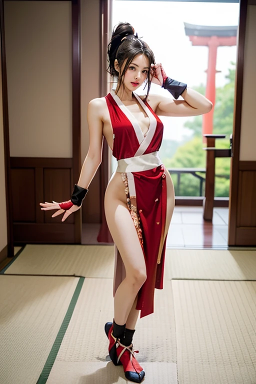 (mai shiranui:1.2), (tabi:1.3), (Full body:1.4), (Toe;1.3), (Realism), (master piece:1.2), (Best Quality), (ultra-detailliert), (8K, 4K, Convoluted), (Flat Lighting:1.2), (skinny), Prestige, Brown eyes, Long hair, brown eyes, long hair, brown hair, white ribbon, sleeveless, ponytail, sash, pelvic curtain, arm guards, gloves, tabi, fascinated expression, Sexy eyes, slim, medium breasts, Smile, Cute, view the viewer, Long hair, Close to Japan temple, (breasts focus:1.2), (Realistic:1.2), light Particle, Lighting, (Highly detailed:1.2), (Detailed face:1.2), (gradients), SFV, Colorful, (Detailed eyes:1.2), Detailed temples of Japan, Detailed background, (Dynamic Angle:1.2), Dynamic Pose, Wide Shot, Daylight, Solo.