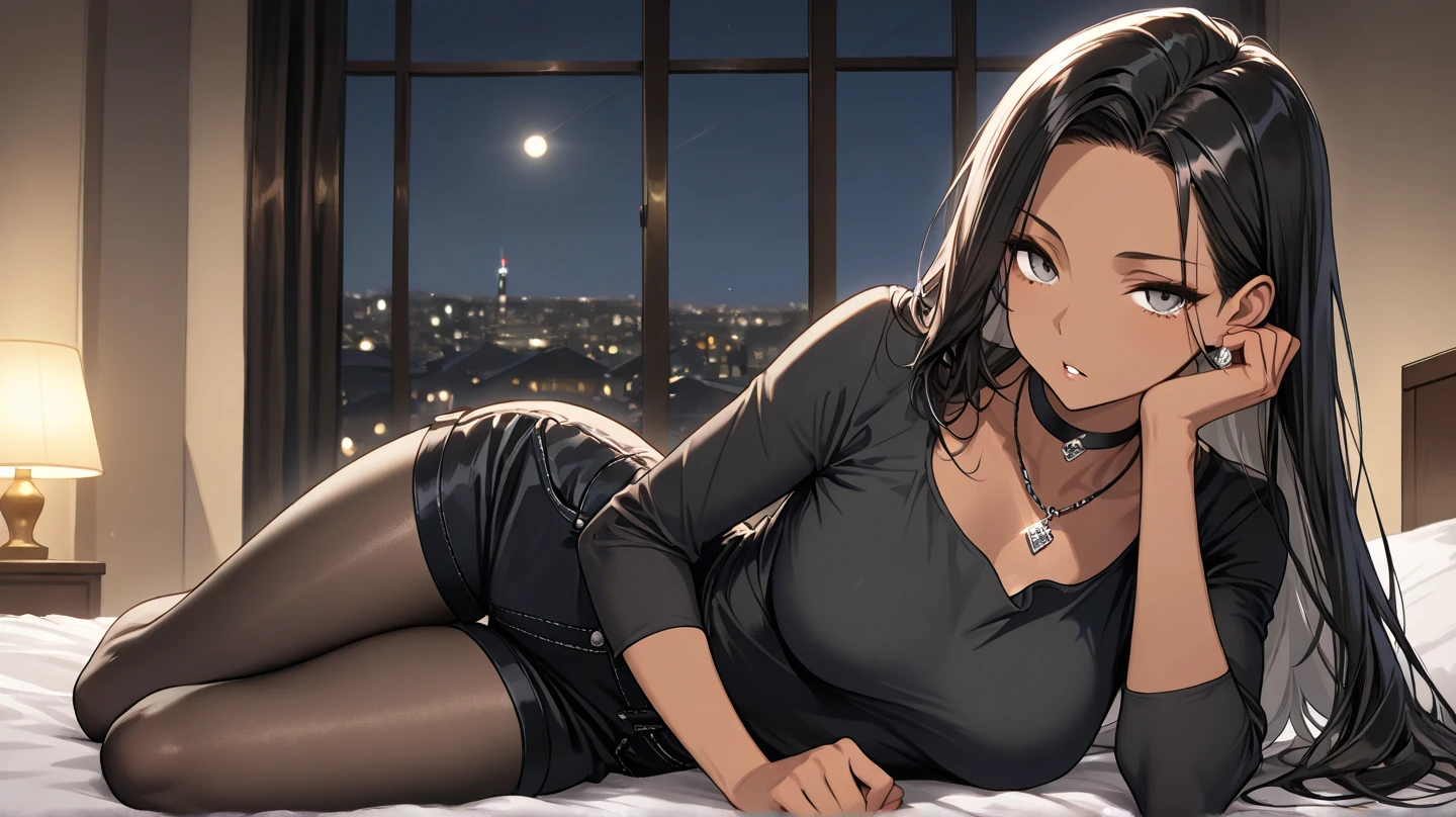 masterpiece, best quality, 8k, artstation, wallpaper, official art, splash art, sharp focus, beautiful woman, wearing comfy clothes. sitting by window, looking out window, at night. rainy night. ((in cozy bedroom)), (solo)