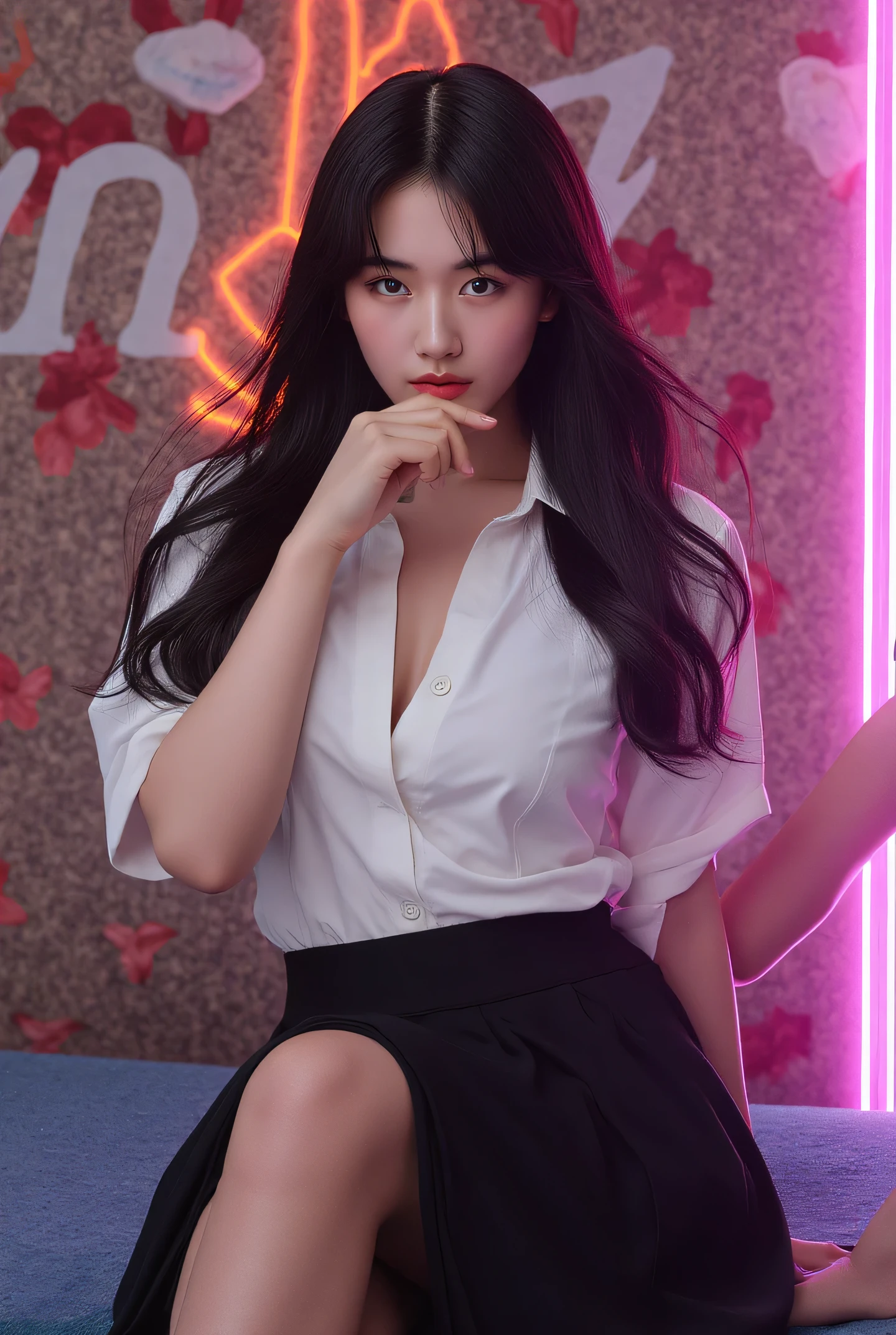 absurdres, highres, ultra detailed,
extremely detailed CG unity 8k wallpaper,
realistic, photo-realistic, RAW photo,
beautiful detailed face, pale skin, realistic glistening skin,
detailed cloth texture, detailed hair texture,
BREAK
(1girl:1.3), (20 year old girl sexy poses),
(standing:1.2),
(supermodel:1.2), (slender:1), (large breasts:1.2), (plump thighs:1.1),
(detailed black hair:1.2), (long hair:1.2), floating hair, bangs,
(brown eyes:1.2), Perfect Eyes, Symmetry Eyes,
(Wear white_shirt on top of naked:1.2), (black pencil skirt:1.2), (high heels:1.3),(pantyhose:1.2),
perfect hand, small hand,
very slim legs, very thin legs, very slender legs, long legs, very detailed legs,
soft light, rim light, two tone lighting,
BREAK
(full body:1.5),
(multiple views, split view:1.2), (close-up face, close-up upper body, close-up breasts:1.1),
(Colorful Backgrounds:1.3),
White (square:1.3) (borders:0.8),
(expressive lettering, lettering art, expressive styles, unique design:1.2), (calligraphy, creative typography:1.1),