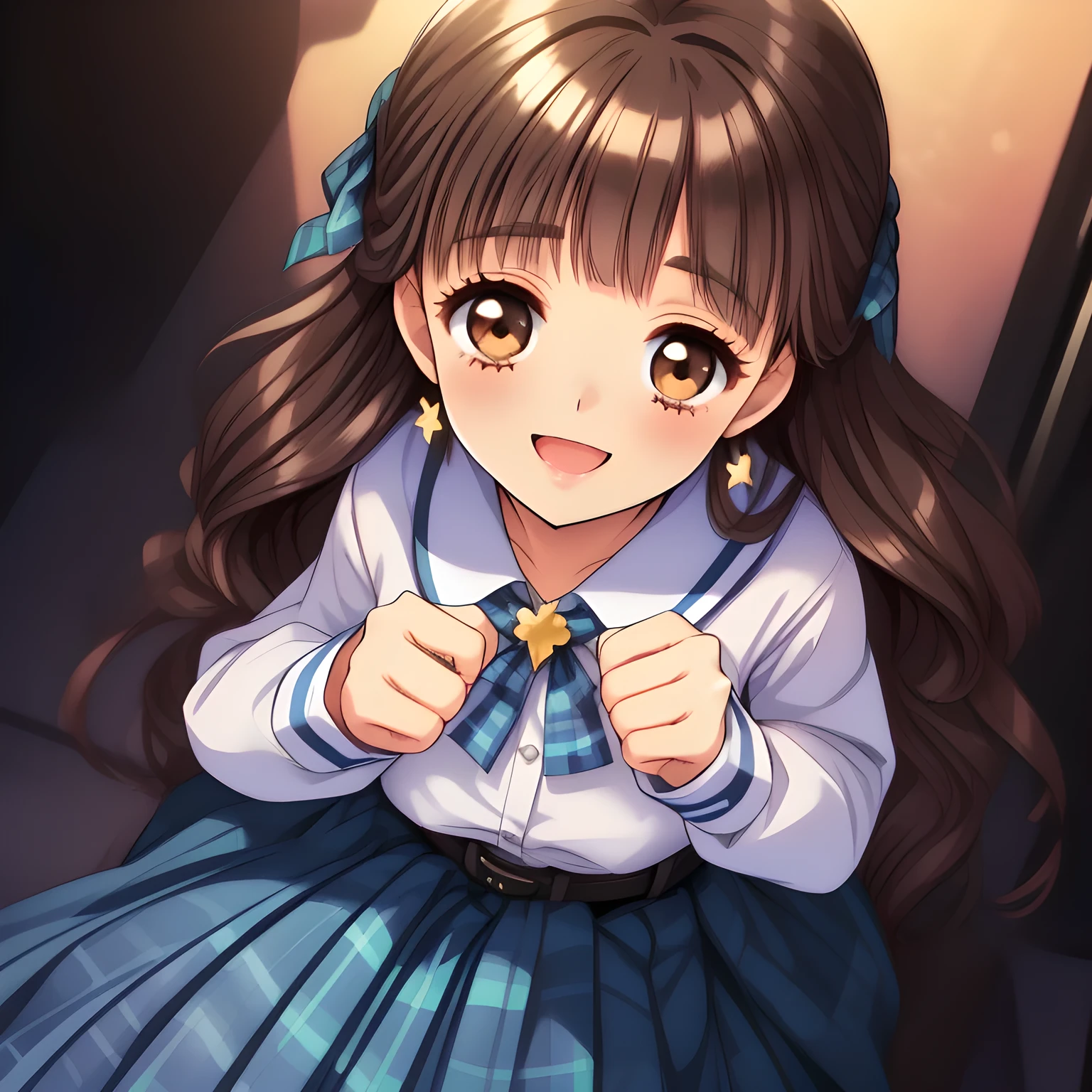 (highest quality, masterpiece:1.2), highest quality, High resolution, 1080p, 8K, (A yo beautiful pretty fashion model is seated on a char nobly and turning to me, experiment of charm, most beloved girl in the school, (intelligent and perfectly balanced slender style), too flirting girly smile, amazingly neat & clean, in peace and neat lovely strong charm, (face up, looking down), tilted head: 1.8), (Too noble beautiful lady like a love-story comic heroine), (laugh in bliss), (Whispering the viewer's subliminal desire secretly to hypnotize the viewer), A very lovely, very noble, pretty and pure beautiful girls. ((Bursting out Laughing very elegantly)), ((white face)), Using expensive whitening cosmetics by cosmetics artist: 1.2), A white face that everyone loves, Glossy lips, (curled) bangs, (Too beautiful blue fascinating shiny (double-lidded) (brown eyes) with love to the viewer, ((deep upper girly eyelid)), laughing with detailed clearly: 1.5), ((amazingly beautiful straight (slightly wavy) long black light hair: 1.5)), (Sailor-style school uniform, Neat smart (yellow blouse)): 1.5), (A very neat, (tartan-checkered pleated blue skirt with thin fabric belt): 1.2), (too pretty shiny light-yellow realistic school ribbon): 1.5), (Shiny game heroine lips, extremely laughing open mouth: 1.0), (Ribbon in (black hair), long thin braids, The ribbon is big and very pretty), (Tight waist, slender like a beautiful fashion model: 1.5), (The background is (plain black space with lovely heart stars) to emphasize her fascination: 1.8), (The lady knows well about the viewer's super fetishism for school uniforms, and satisfies it completely: 1.7), (beautiful neat fascinating cute noble atmosphere in a high school only for beautiful ladies to learn how to charm men deeply: 1.8), (take a full body shot from her side: 1.2)