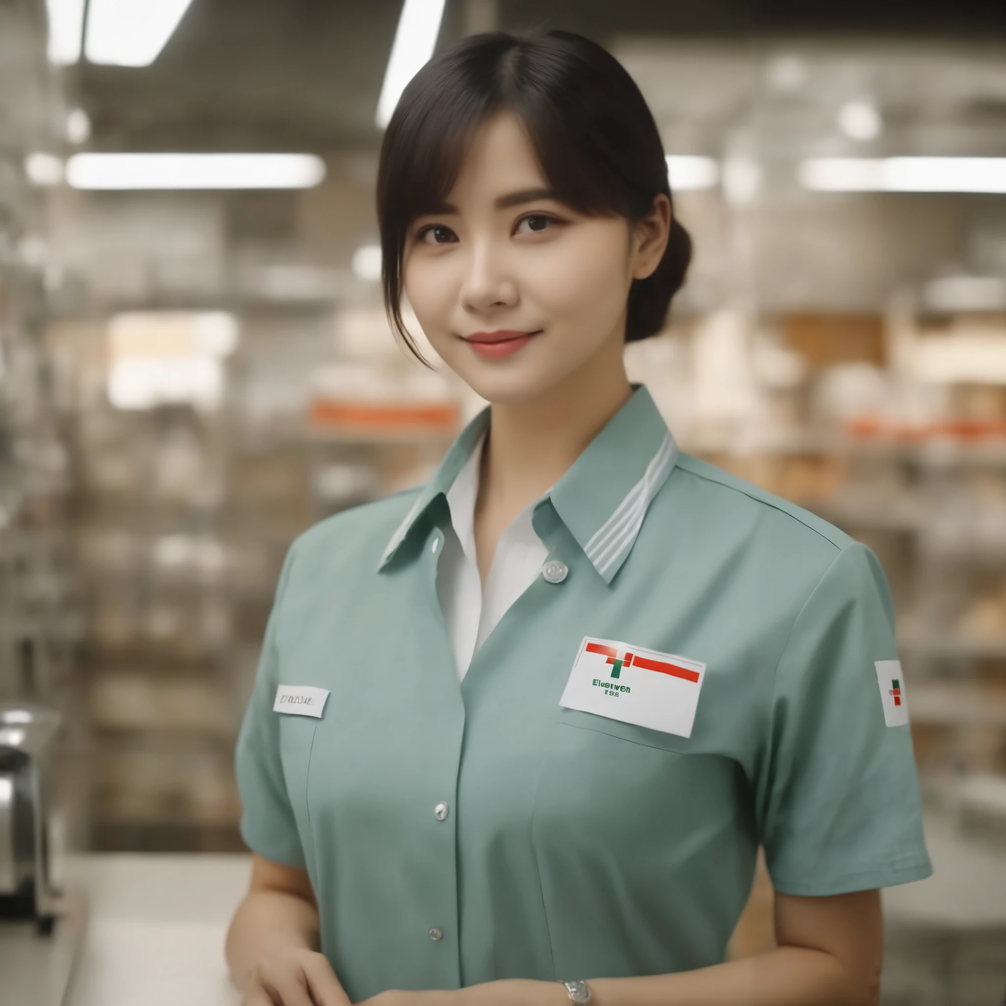 Cinematic top quality, Super detailed,Seven Eleven showing their , scenery, indoor, ID card, One girl, box, Brown Hair, shirt, short hair, uniform, Holding, employee uniform, Short sleeve, Black Hair, realistic, photograph (Moderate), photograph background、She is completely unbuttoning her uniform to show her breasts.
. Emotional, Harmonious, Vignette, Very detailed, High budget, bokeh, cinemascope, Sulky, amazing, nice, Film Grain, Granular