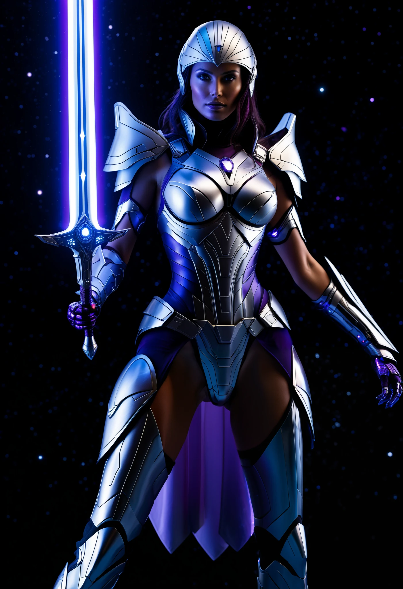 (((best quality))),(((ultra detailed))),(((masterpiece))),illustration,The vast and profound universe, countless stars shining brightly, and nebulae interweaving and flowing like a dream. Heroic and graceful female space warrior, tall and agile in stature, dressed in tailor-made space armor that fits her body, with graceful and powerful lines, shining with silver white and dark blue colors. The helmet outlines the delicate facial contours, revealing firm and brave eyes with unwavering determination. Grasping the mysterious glowing energy sword tightly with both hands, the sword body shimmers with purple electric light. The left arm has a glowing energy shield. The cloak woven with interstellar matter behind me dances in the wind, sparkling with twinkling starlight, like the Milky Way in the night sky. Meteorites of different sizes float in the space beneath our feet, rotating in an orderly manner under their powerful atmosphere. The screen is rich in colors and fantasy, with deep black as the background, embellished with dazzling starlight, dark blue energy radiance, and mysterious purple halo, creating an atmosphere full of technology and fantasy colors. The strokes are delicate and vivid, blending the bravery, resilience, and beauty of female space warriors, conveying their fearless spirit of fighting for justice in the universe.