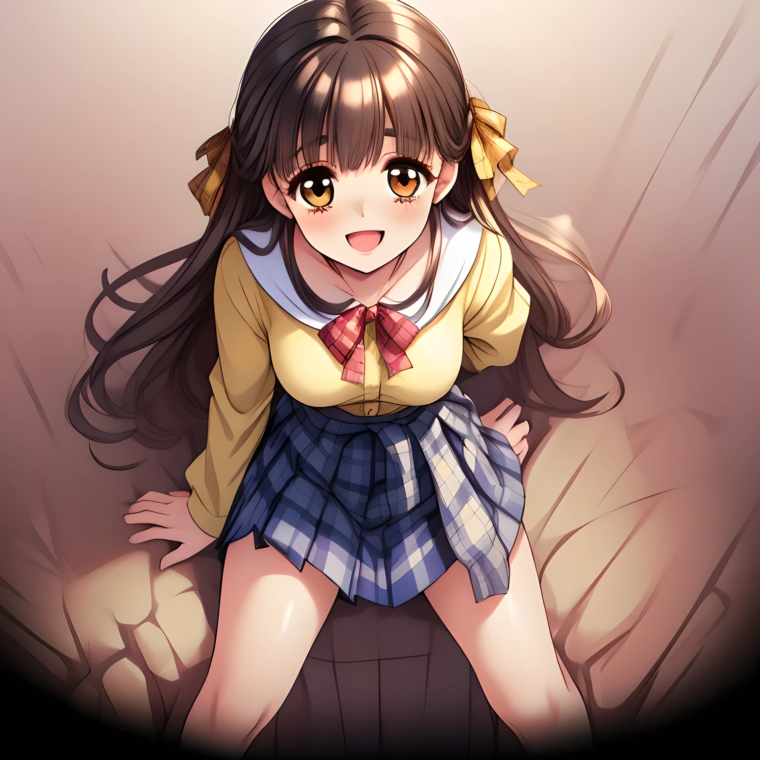 (highest quality, masterpiece:1.2), highest quality, High resolution, 1080p, 8K, (A yo beautiful pretty fashion model is seated on a char nobly and turning to me, charming laughter, most beloved girl in the school, (intelligent and perfectly balanced slender style), too flirting girly smile, amazingly neat & clean, in peace and neat lovely strong charm, (face up, looking down), tilted head: 1.8), (Too noble beautiful lady like a love-story comic heroine), (laugh in bliss), (Whispering the viewer's subliminal desire secretly to hypnotize the viewer), A very lovely, very noble, pretty and pure beautiful girls. ((Bursting out Laughing very elegantly)), ((white face)), Using expensive whitening cosmetics by cosmetics artist: 1.2), A white face that everyone loves, Glossy lips, (curled) bangs, (Too beautiful blue fascinating shiny (double-lidded) (brown eyes) with love to the viewer, ((deep upper girly eyelid)), laughing with detailed clearly: 1.5), ((amazingly beautiful straight (slightly wavy) long black light hair: 1.5)), (Sailor-style school uniform, Neat smart (yellow blouse)): 1.5), (A very neat, (tartan-checkered pleated blue skirt with thin fabric belt): 1.2), (too pretty shiny light-yellow realistic school ribbon): 1.5), (Shiny game heroine lips, extremely laughing open mouth: 1.0), (Ribbon in (black hair), long thin braids, The ribbon is big and very pretty), (Tight waist, slender like a beautiful fashion model: 1.5), (The background is (plain black space with lovely heart stars) to emphasize her fascination: 1.8), (The lady knows well about the viewer's super fetishism for school uniforms, and satisfies it completely: 1.7), (beautiful neat fascinating cute noble atmosphere in a high school only for beautiful ladies to learn how to charm men deeply: 1.8), (take a full body shot from her side: 1.2)