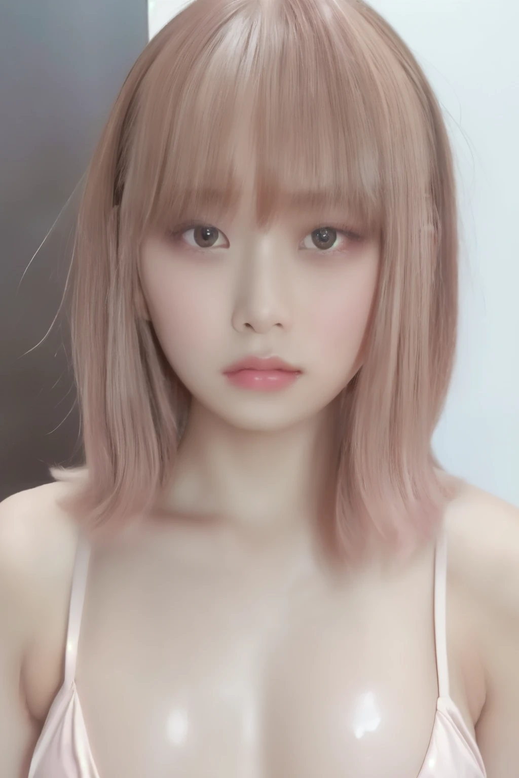 masterpiece,best quality,ultra-detailed, detailed,beautiful detailed eyes,portrait,photorealistic,official art,depth of field,faint light,face focus,sharp focus, Tom girl,Japanese, beautiful,hair pink brown hair,short hair,fine hair,glistening skin,gloss skin,oiled skin,thick lips,flat chest,nsfw ,bikini,simple background, white background,:o 
