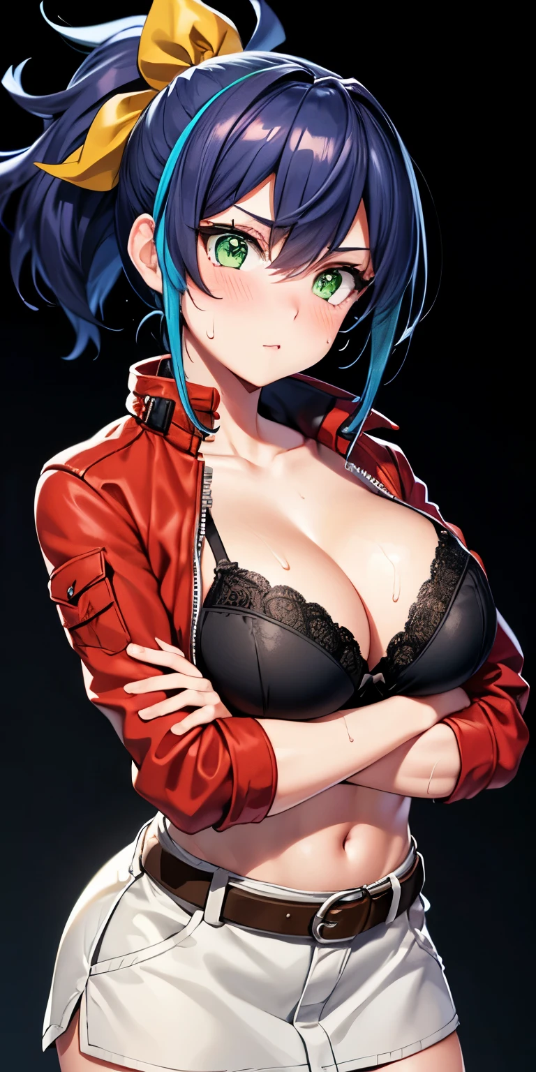 1 Female,High definition,high resolution,Ultra-realistic,8K,aaserena, yellow ponytail, ((multicolored hair)),green eyes, red jacket, black shirt, belt, (white skirt), tight skirt,(( miniskirt )),standing, solo,  standing, masterpiece, best quality, detailed face, detailed eyes, highres,European,sexy,Photographed from the front,Dynamic Angles,blush, (big tits),(cleavage),cute face, facial, sweat, perfect face,  perfect body,(wide thighs:1.3),cute face,(upper body),( crossed arms),black background ,(black lace bra)