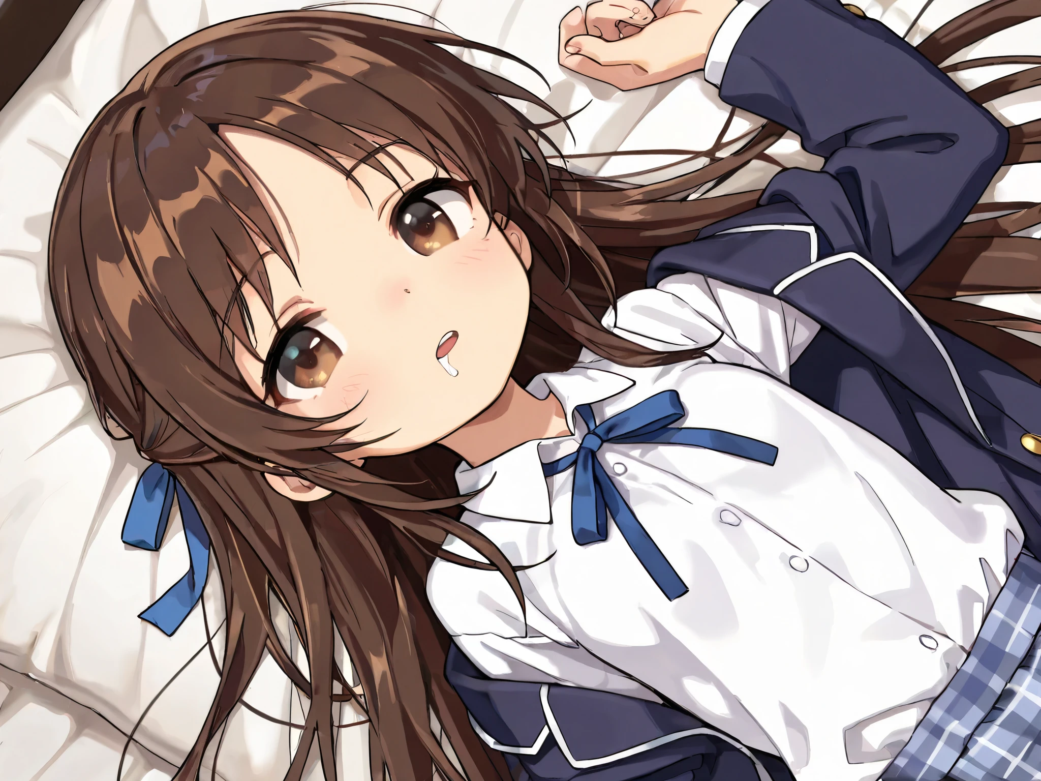 (Top Quality), (Very Aesthetic), (Super Detailed), (Best Illustration), , Solo Female, female , Girl, half updo, Blue Ribbon, Long Hair, Straight Hair, Sideburns, Center Parting, Brown Hair, Brown Eyes, (flat breast),bird eye view, (school uniform, blazer, classic style with white shirt and plaid skirt, formal look), drool, on the bed