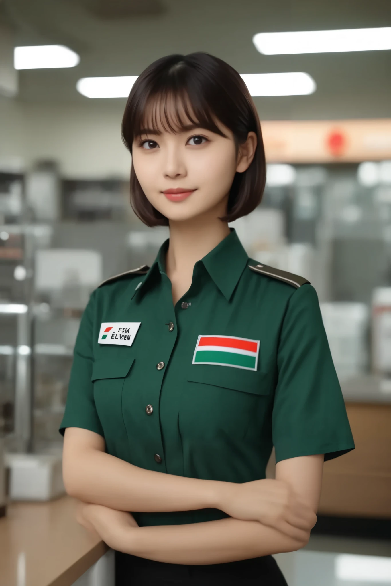 Cinematic top quality, Super detailed,Seven Eleven showing their , scenery, indoor, ID card, One girl, box, Brown Hair, shirt, short hair, uniform, Holding, employee uniform, Short sleeve, Black Hair, realistic, photograph (Moderate), photograph background、She is completely unbuttoning her uniform to show her breasts.
. Emotional, Harmonious, Vignette, Very detailed, High budget, bokeh, cinemascope, Sulky, amazing, nice, Film Grain, Granular