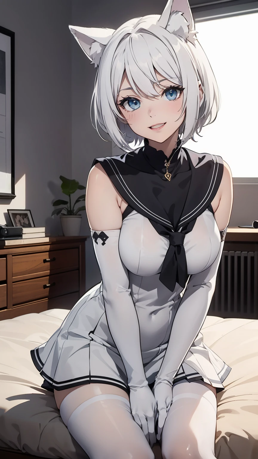 Tabletop　 Best image quality　wonderful　Attention to detail　One Young Woman（（Adult））Anime Style　White maid outfit（leotard）　Pure white gloves（Elbow Gloves）　White Pantyhose（Plain）　wolf ears　short hair（（Shortcuts）（Gray Hair）（Curly Hair）（fluffy））　smile（Happy）　Eye color is blue　background（Bedroom）