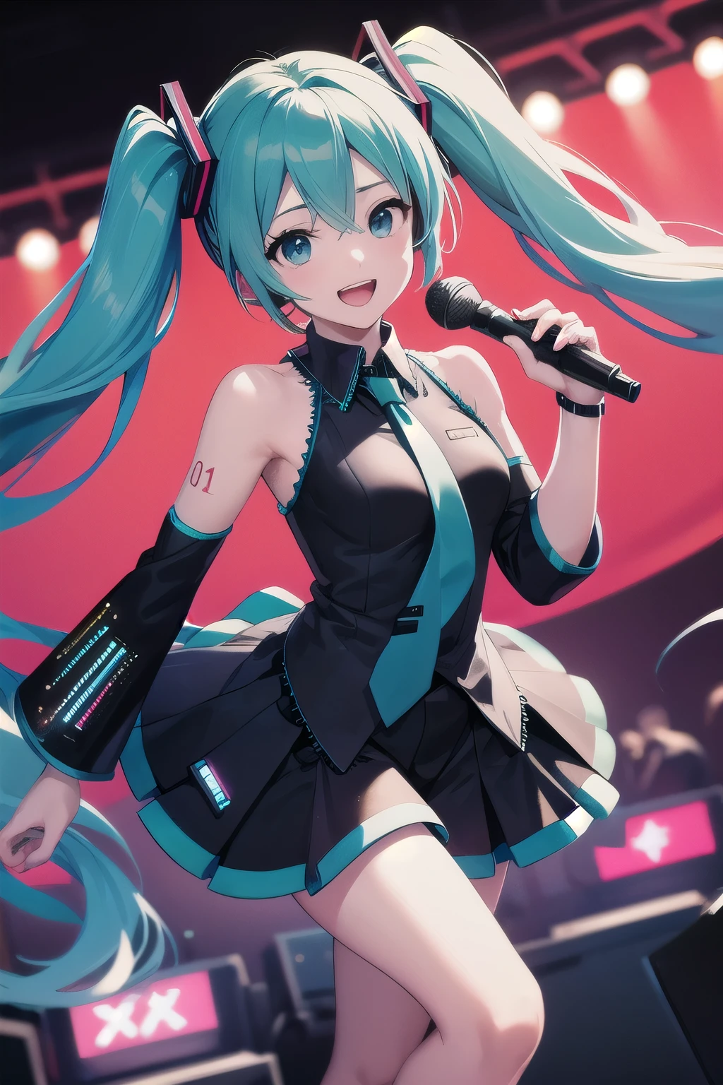 top quality、 high image quality 、 Details、 beautiful、 Hatsune Miku、 mature vibe、Singing on the virtual stage 、Handheld microphone、What is the arm number"01"