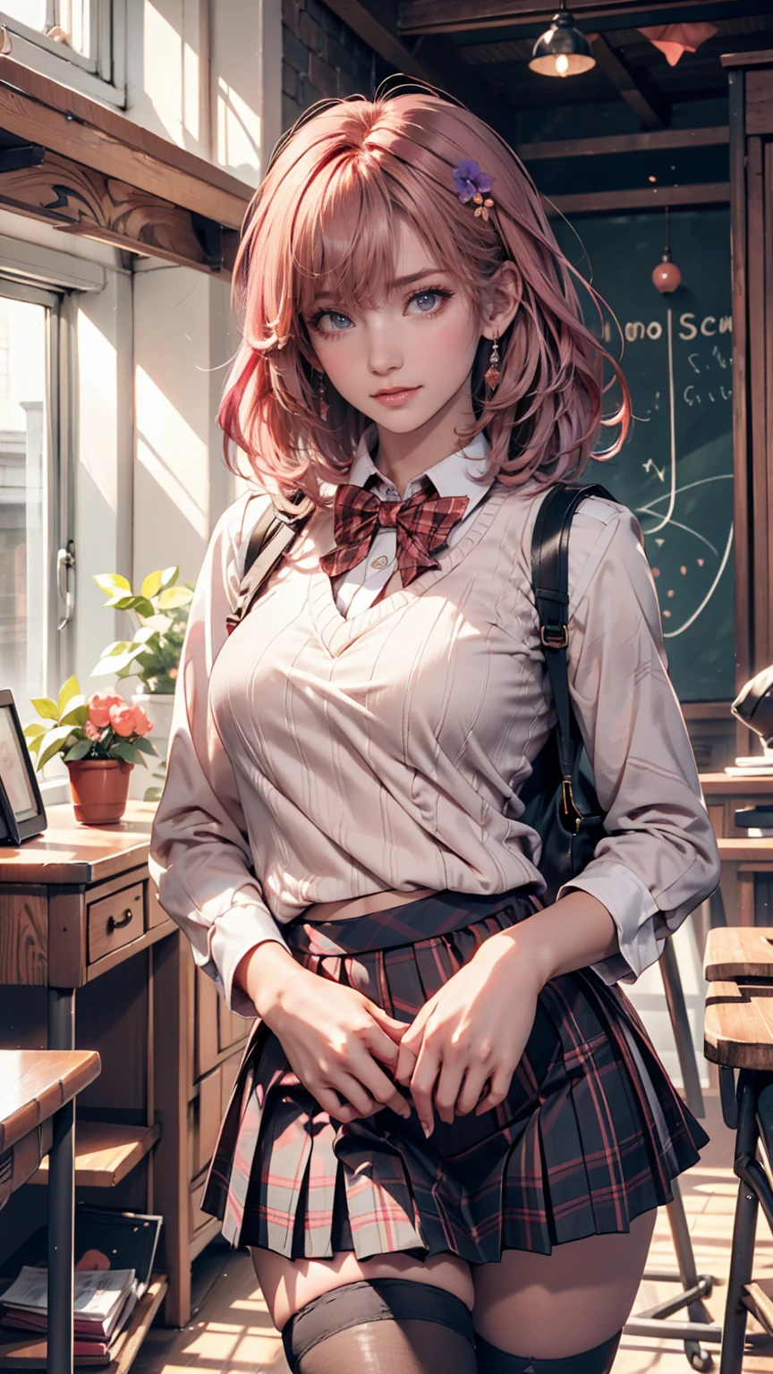 (Masterpiece, BestQuality:1.3), (ultra detailed:1.2), (hyperrealistic:1.3), (RAW photo:1.2), High detail RAW color photo, professional photograph, (Photorealistic:1.4), (realistic:1.4), professional lighting, perfect anatomy, (Big Breasts:1.2), (blush, detailed face), (cheerful Smile:1.5), Trending Hair&Trending Hairカラーをランダムに, earrings, necklace, bracelet, sexy, erotic sexy, Random sexy gravure poses, (Beautiful woman wearing a purple skirt and white blouse。The background is the classroom。A gentle smile on his face。Her hair is short and permed, with pink hair.。Pose sitting at desk。:1.3)
