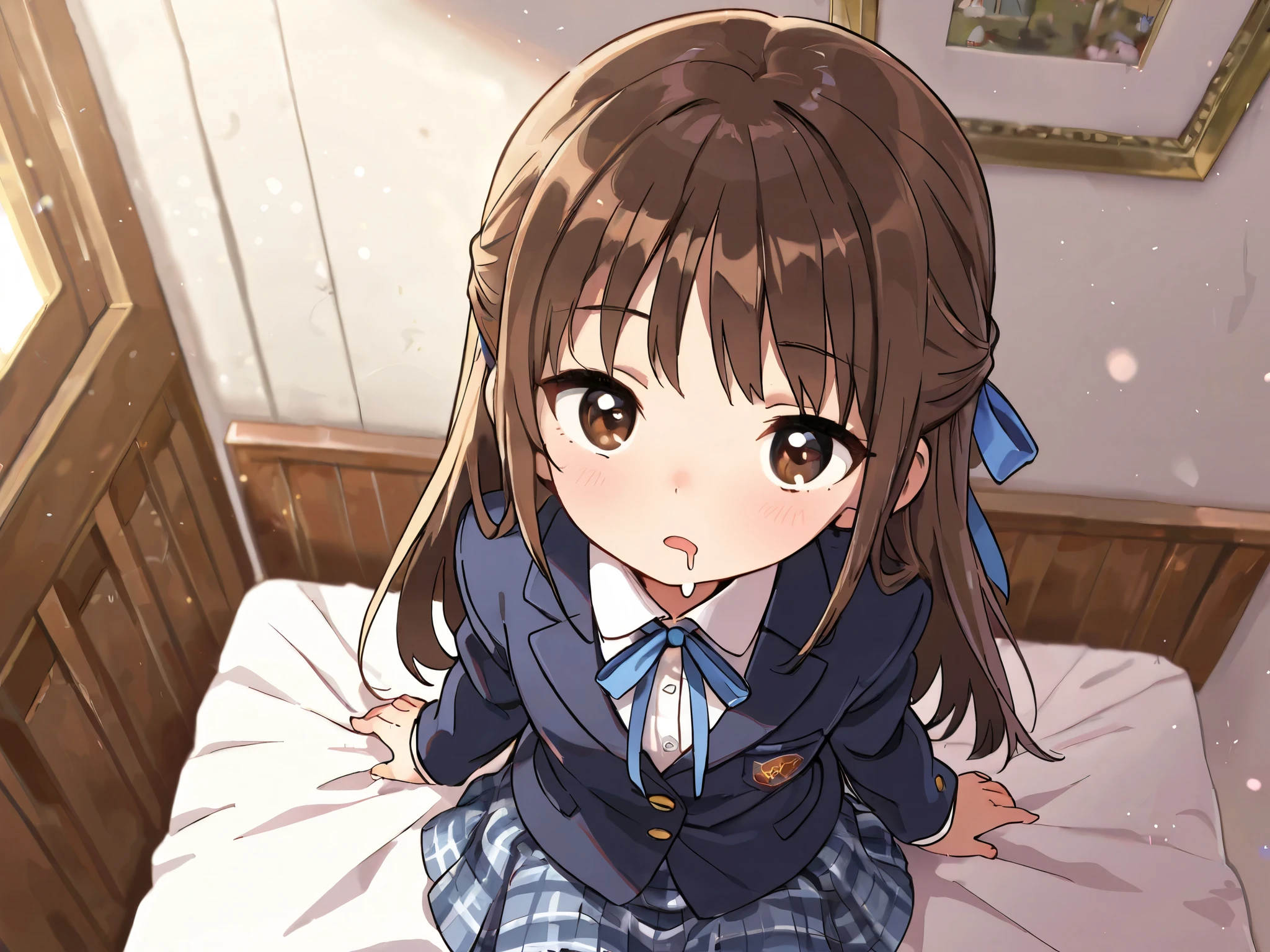 (Top Quality), (Very Aesthetic), (Super Detailed), (Best Illustration), , Solo Female, female , Girl, half updo, Blue Ribbon, Long Hair, Straight Hair, Sideburns, Center Parting, Brown Hair, Brown Eyes, (flat breast),bird eye view, (school uniform, blazer, classic style with white shirt and plaid skirt, formal look), drool, on the bed
