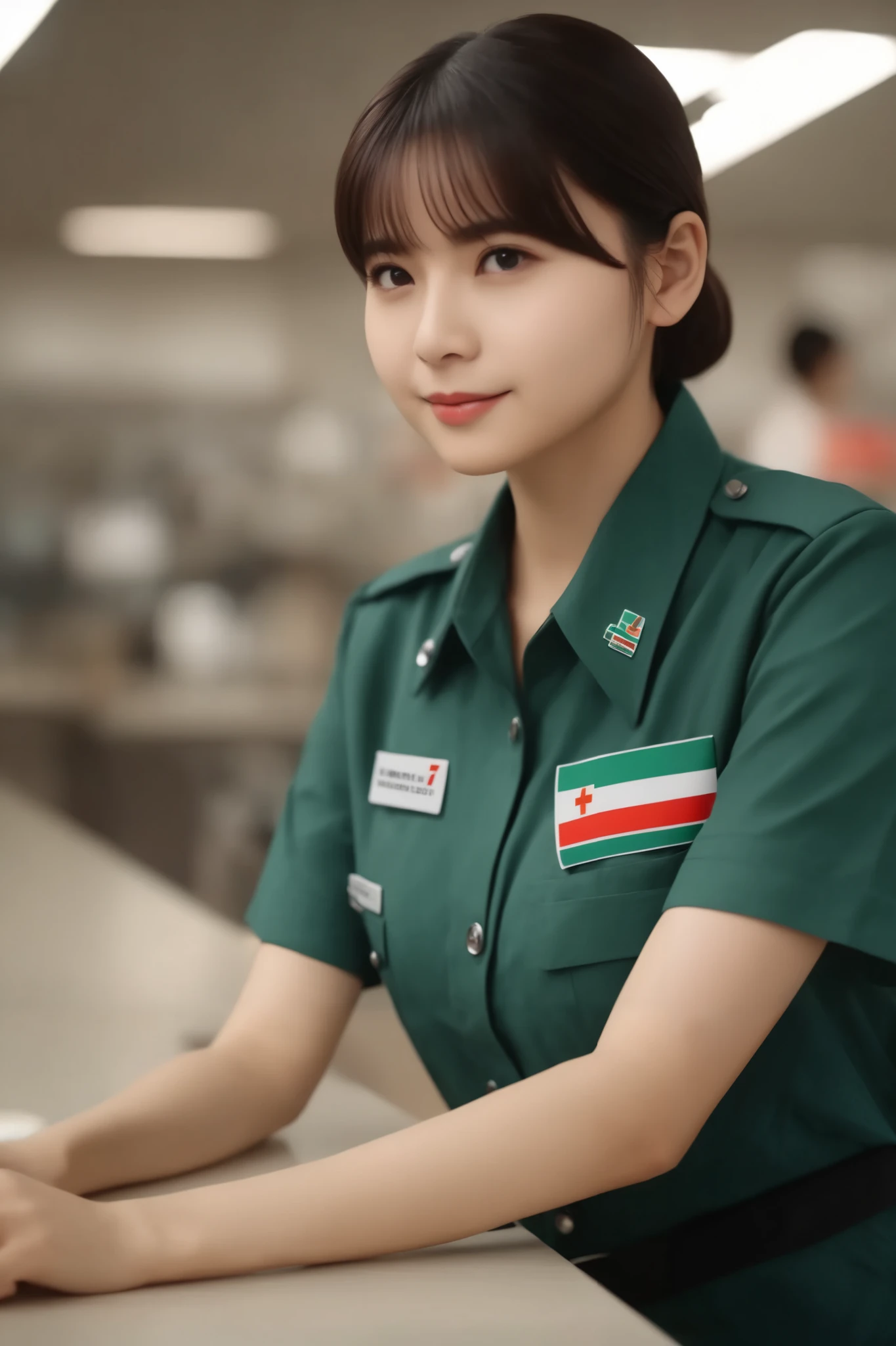 Cinematic top quality, Super detailed,Seven Eleven showing their , scenery, indoor, ID card, One girl, box, Brown Hair, shirt, short hair, uniform, Holding, employee uniform, Short sleeve, Black Hair, realistic, photograph (Moderate), photograph background、She is completely unbuttoning her uniform to show her breasts.
. Emotional, Harmonious, Vignette, Very detailed, High budget, bokeh, cinemascope, Sulky, amazing, nice, Film Grain, Granular