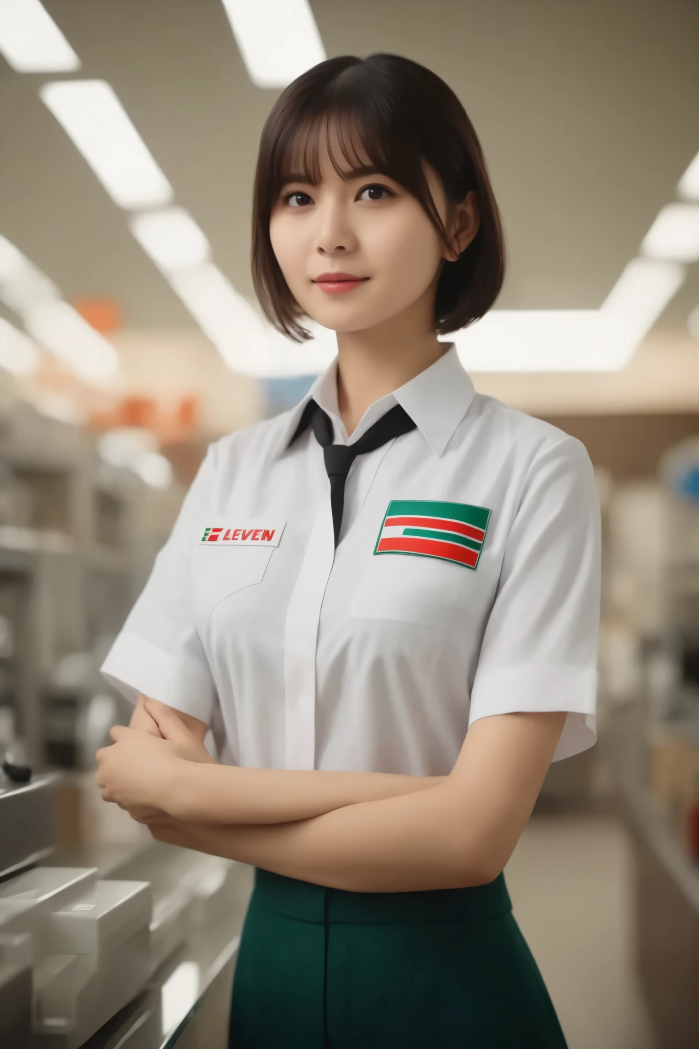 Cinematic top quality, Super detailed,Seven Eleven showing their , scenery, indoor, ID card, One girl, box, Brown Hair, shirt, short hair, uniform, Holding, employee uniform, Short sleeve, Black Hair, realistic, photograph (Moderate), photograph background、She is completely unbuttoning her uniform to show her breasts.
. Emotional, Harmonious, Vignette, Very detailed, High budget, bokeh, cinemascope, Sulky, amazing, nice, Film Grain, Granular