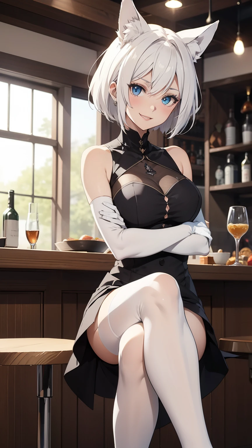 masutepiece high-level image quality Top image quality 8K adult lady(Soio) Black long gloves((Nero)(Long gloves)(both hands over)) Black stockings((Nero)(stockings) party dress((sleeveless)(Nero)(frilld)) White wolf ears shorth hair((short-cut)(White hair)(Habitual hair)(fluffly)) a smile Eye color is blue Have a glass Talking to someone Party Venue