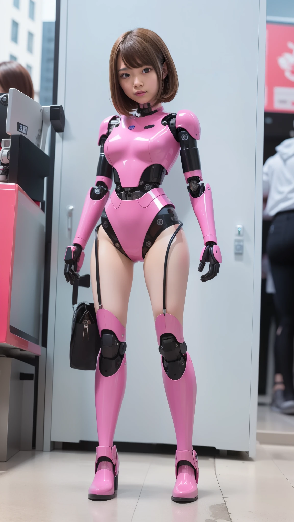 masterpiece, best quality, extremely detailed, (8K, 4K, Best Quality, Hight resolution, 超A high resolution:1.1), 8K portrait,1girl in, Japanese android girl, android teacher, control panels, android, Droid, Mechanical Hand, ,Robot arms and legs, Black hair, Mechanical body, Blunt bangs, Pink Robotics Parts, perfect robot woman, Charging spot, Long Tube, A thick cable was connected to her neck, ceramic body , android, robot humanoid, panty, full eyes, perfect mechanical body, pink robotics body, future assembly plant, Pink body, She has repaired, lack sponge joints, android assembly plant, android, laboratory, platform boots, perfect machine body, pink robot body