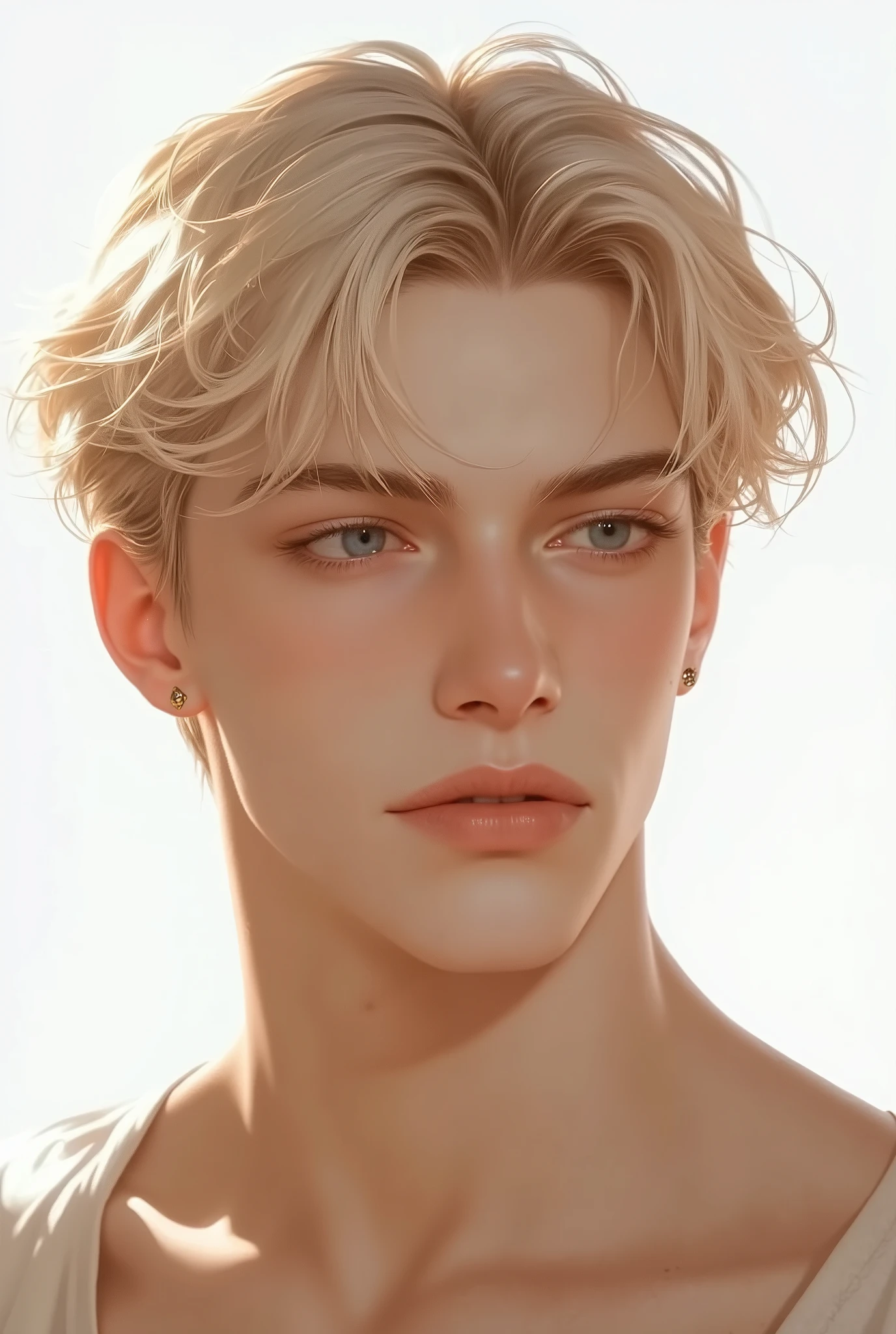 The blond boy, high quality , american 20 years old /That guy , fine eyes , Blue Eyes ,Short blonde hair, abdomen, naked, Shiny skin , clear tits , Look at the audience, upper half , blonde hair , white background