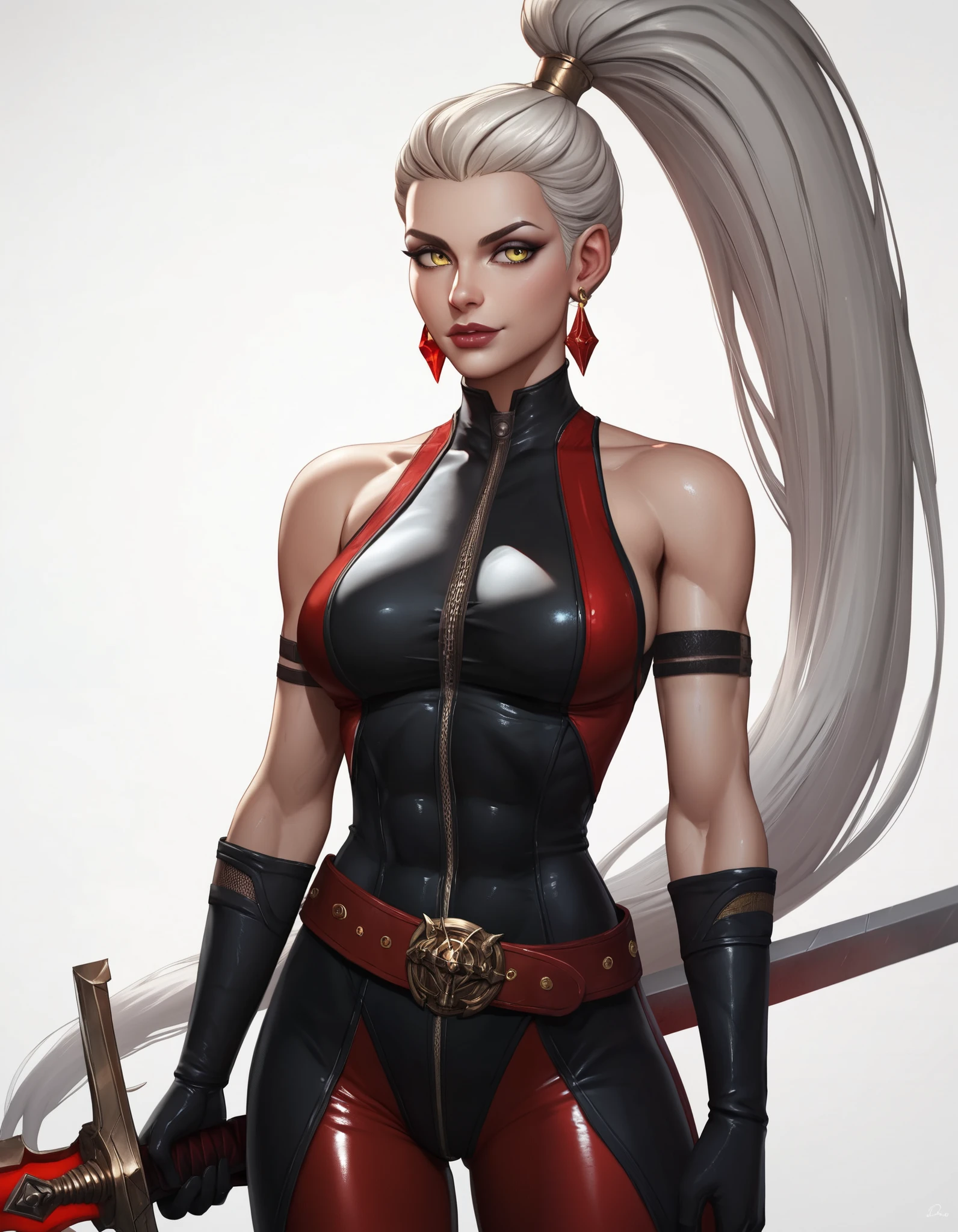 ((z03saldana)) as Jataaka from Mortal Kombat, ((long white hair)), (black loincloth skirt with red lines), (black sleeveless fit top with red lines), (black fit leggings), (high heels), gloves, accessories, make-up, seductive, sexy, hot, sultry, shapely, intricate, high detail, sharp focus, dramatic, photorealistic painting art by greg rutkowski