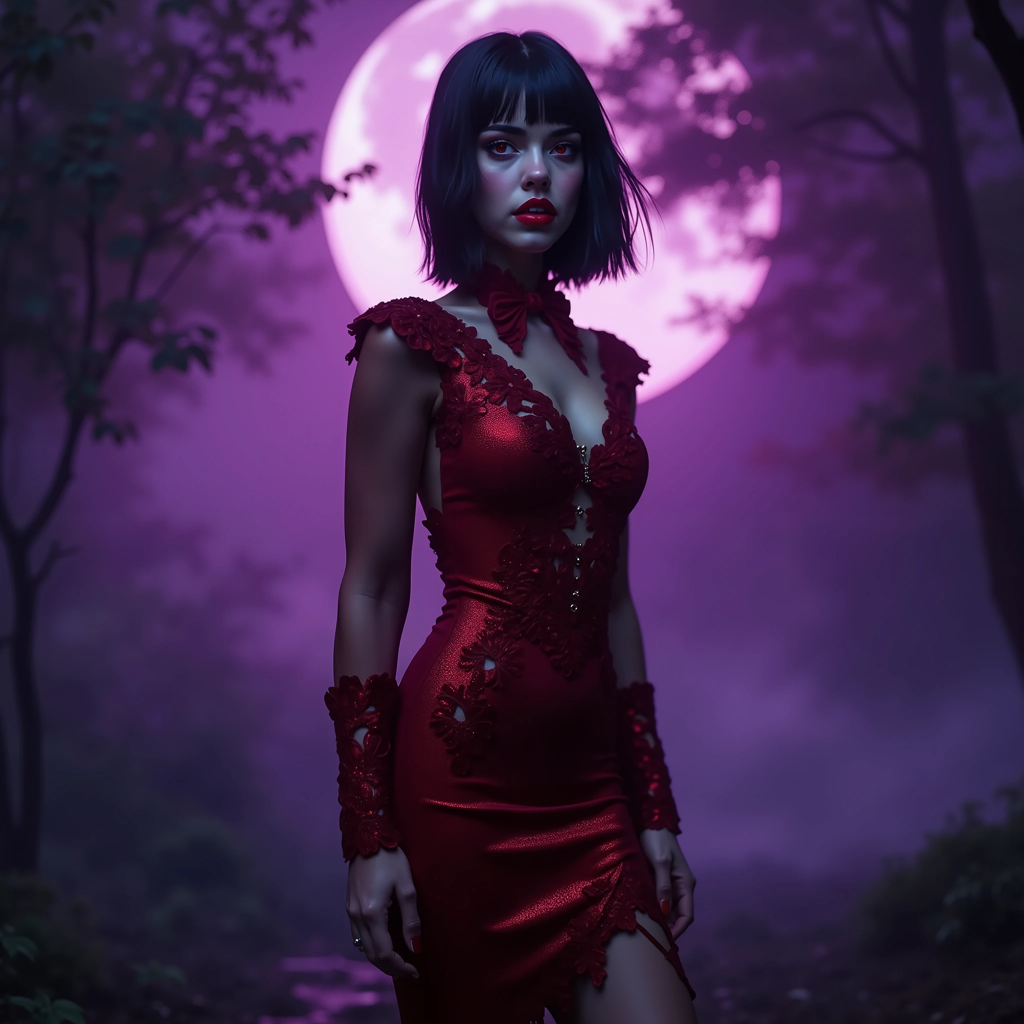 ((RAW photo), absurd, (absurdresolution)), score_9_up, score_8_up, score_7_up, film frame, waifu, (beautiful vampire woman, gorgeous girl, 19 years old, gorgeous, slim, smiling), (crimson red eyes, sharp pupil, realistic), (bob haircut, salmon pink and metallic black, shiny), (looking shy:1.3) (bright red glossy full lips, sharp teeth, makeup, mascara), (red gothic dress, elegant floral embroidery, tight fit, black thighs, heels), (standing, looking at viewer), (full moon, purple haze). (Photographic Perspective). «SunPuma S»