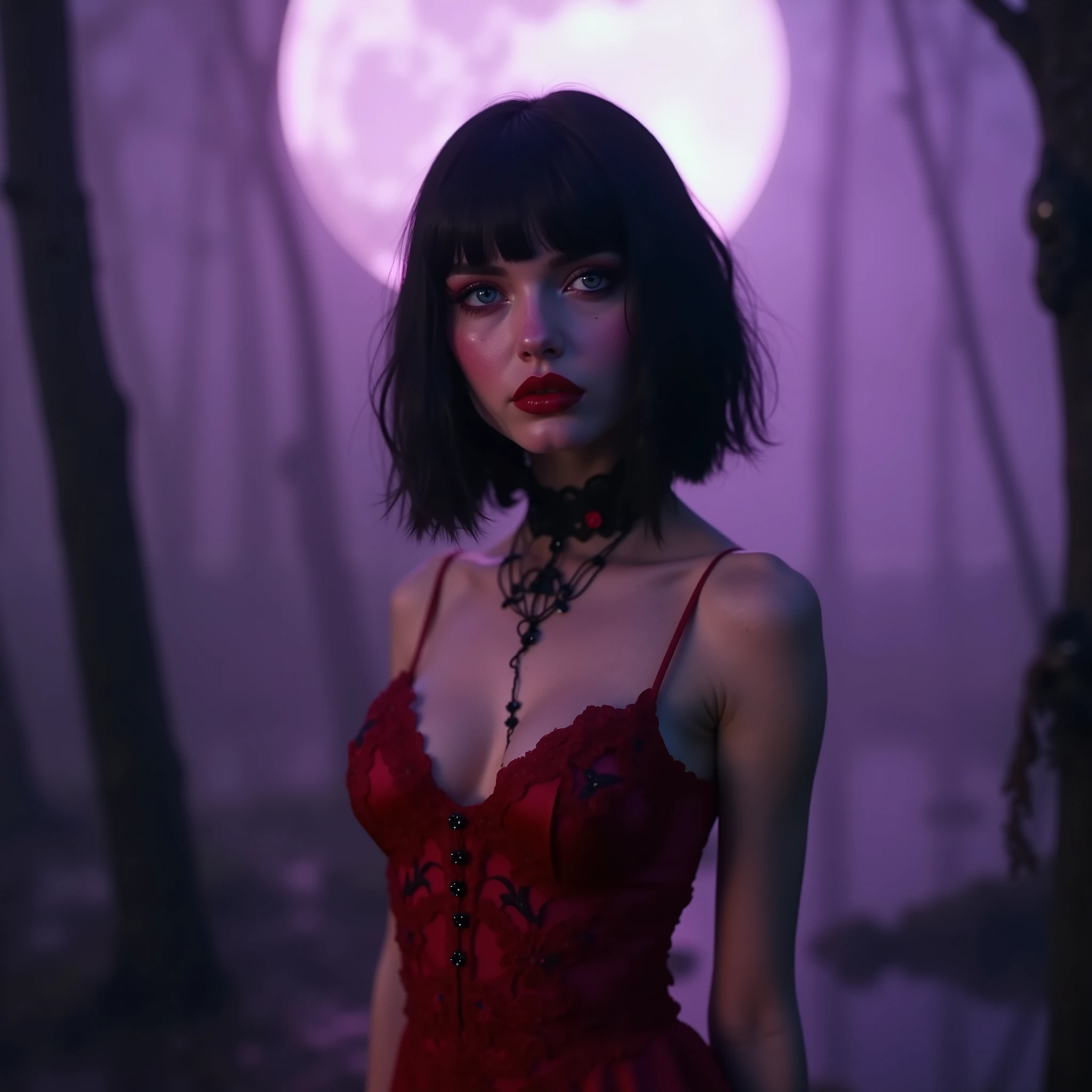 ((RAW photo), absurd, (absurdresolution)), score_9_up, score_8_up, score_7_up, film frame, waifu, (beautiful vampire woman, gorgeous girl, 19 years old, gorgeous, slim, smiling), (crimson red eyes, sharp pupil, realistic), (bob haircut, salmon pink and metallic black, shiny), (looking shy:1.3) (bright red glossy full lips, sharp teeth, makeup, mascara), (red gothic dress, elegant floral embroidery, tight fit, black thighs, heels), (standing, looking at viewer), (full moon, purple haze). (Photographic Perspective). «SunPuma S»