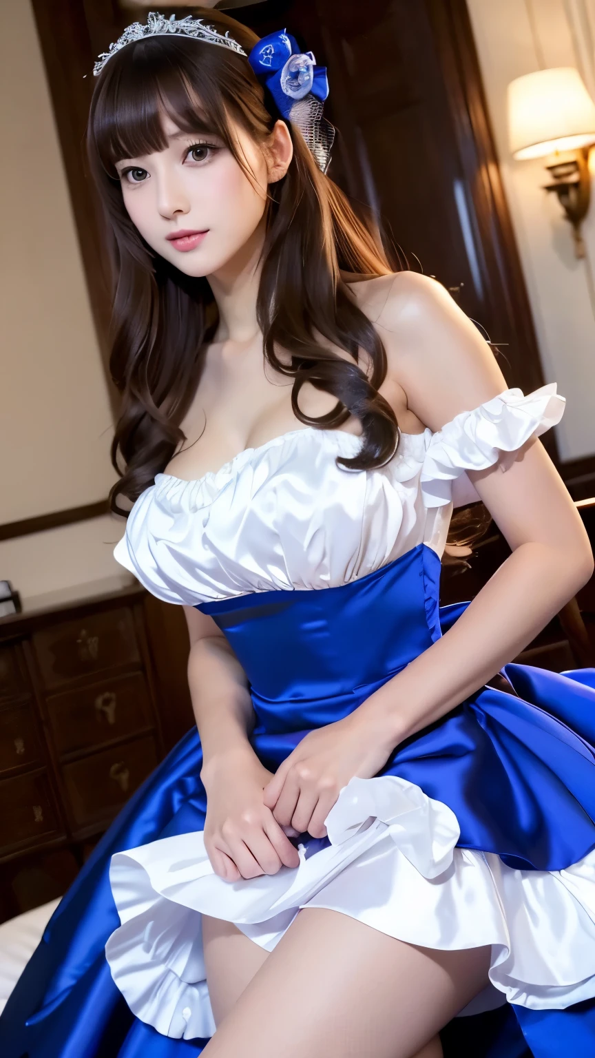 (female): solo, (perfect face), (detailed outfit), (20 years old), cute female, (fox ears), excited, (smiling), (bent over, index finger raised), brown hair, medium hair, (curly hair), green eyes, pale skin, large chest_circumference, (white and red off shoulder dress), (navy blue thighhighs, black boots), (red ribbon), (white gloves), (amulet)
(background): from side, indoor, (chic room), (sofa), (large antique clock), (mirror), (falling petals), afternoon, clear
(effects): (masterpiece), (best quality), (sharp focus), (depth of field), (high res)