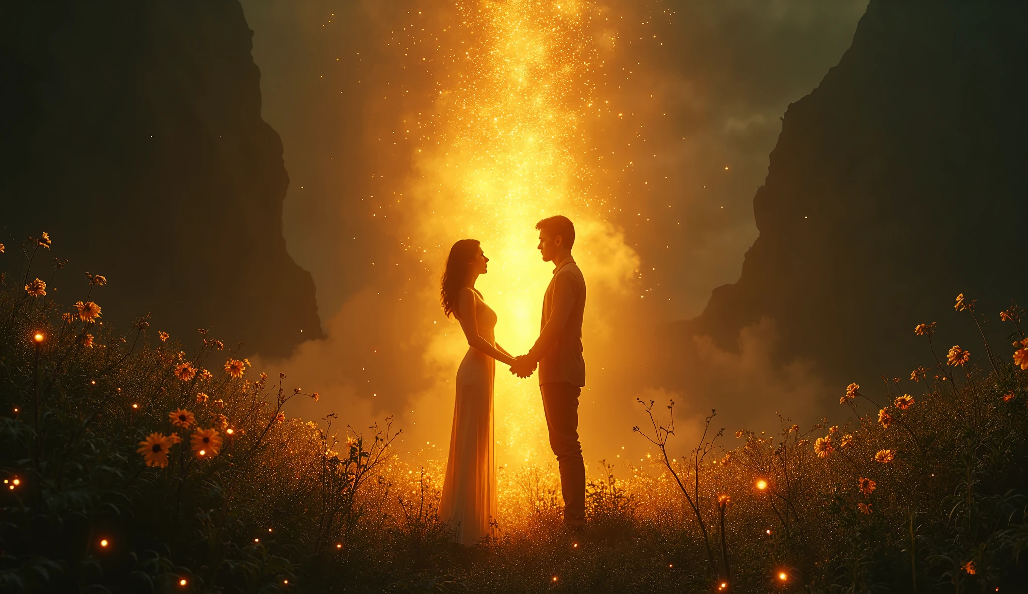 There are two people standing in a field of flowers with a bright light ...