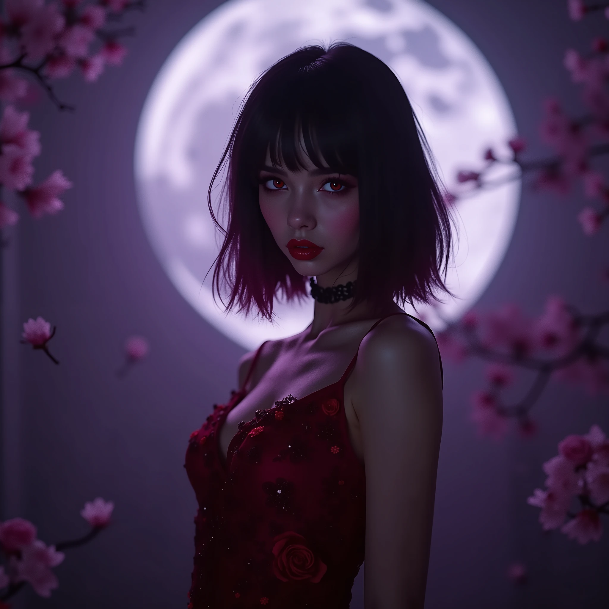 ((RAW photo), absurd, (absurdresolution)), score_9_up, score_8_up, score_7_up, film frame, waifu, (beautiful vampire woman, gorgeous girl, 19 years old, gorgeous, slim, smiling), (crimson red eyes, sharp pupil, realistic), (bob haircut, salmon pink and metallic black, shiny), (looking shy:1.3) (bright red glossy full lips, sharp teeth, makeup, mascara), (red gothic dress, elegant floral embroidery, tight fit, black thighs, heels), (standing, looking at viewer), (full moon, purple haze). (Photographic Perspective). «SunPuma S»