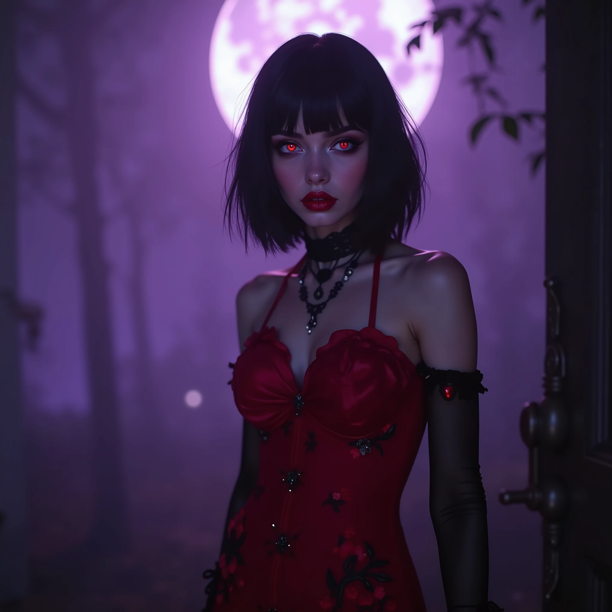 ((RAW photo), absurd, (absurdresolution)), score_9_up, score_8_up, score_7_up, film frame, waifu, (beautiful vampire woman, gorgeous girl, 19 years old, gorgeous, slim, smiling), (crimson red eyes, sharp pupil, realistic), (bob haircut, salmon pink and metallic black, shiny), (looking shy:1.3) (bright red glossy full lips, sharp teeth, makeup, mascara), (red gothic dress, elegant floral embroidery, tight fit, black thighs, heels), (standing, looking at viewer), (full moon, purple haze). (Photographic Perspective). «SunPuma S»
