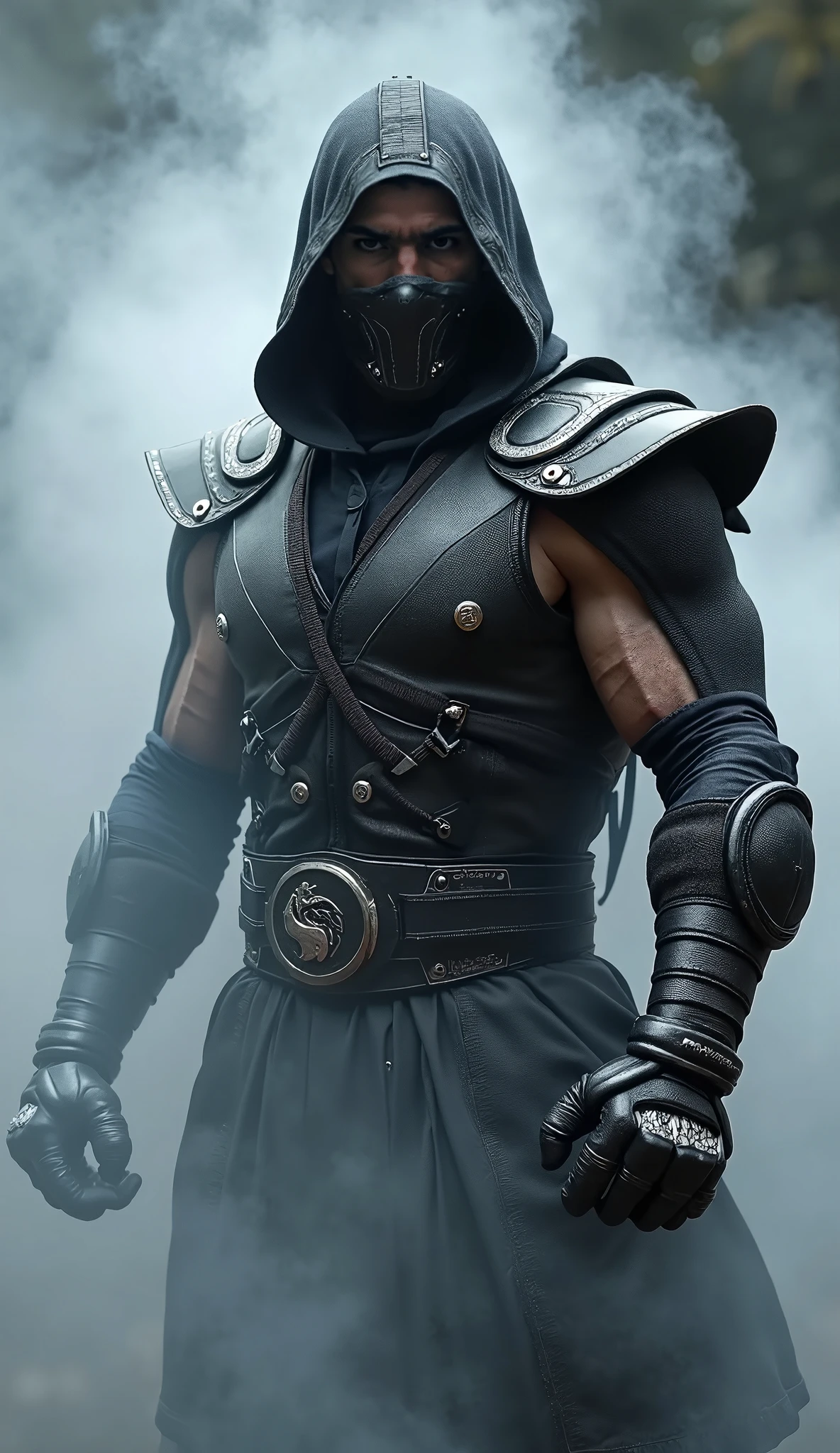 "Create an image of a dark, hooded warrior standing in a powerful and resolute pose. The warrior should be wearing black armor with intricate designs that reflect strength and determination. The hood partially obscures their face, leaving only their intense, focused eyes visible. The background is shadowy, with subtle, abstract elements that suggest inner strength and resilience. The overall mood of the image should be one of motivation and empowerment, with the warrior embodying the spirit of overcoming challenges and emerging victorious."