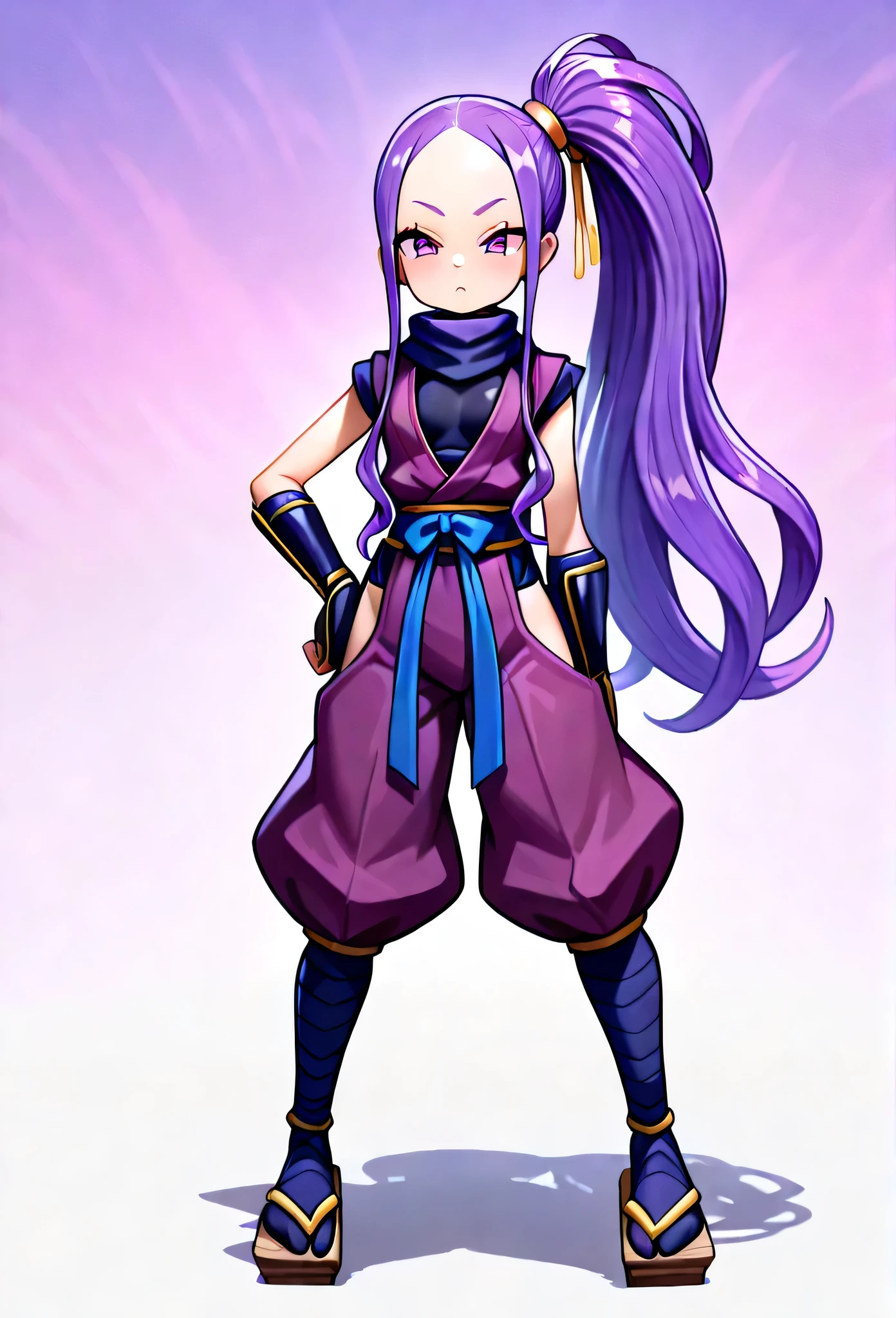 1 Girl, long hair, purple hair, purple eyes,Forehead,Japanese Ninja , Ninja clothing, Single ponytail, top quality, is very beautiful,absurd, high resolution, latest,waist, split toe socks, Straw sandals