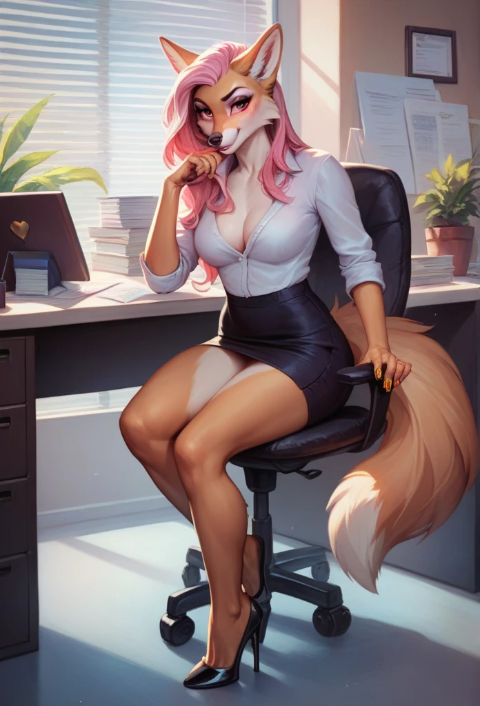 score_9, score_8_up, score_7_up, score_6_up, score_5_up, score_4_up, (solo) female anthro hyena, red glasses, white shirt, cleavage, lace trim, pencil skirt, garter straps, black thighhighs, high heels, from side, thick thighs, looking at viewer, smile, (she is sitting), school hallway , garter belt tights, lusty, fluffy body, long blond hair, black eyes, (thick thighs:1.5)((( offering the breasts))) ( she is standing) (barely_visible_booba) , giant breasts,