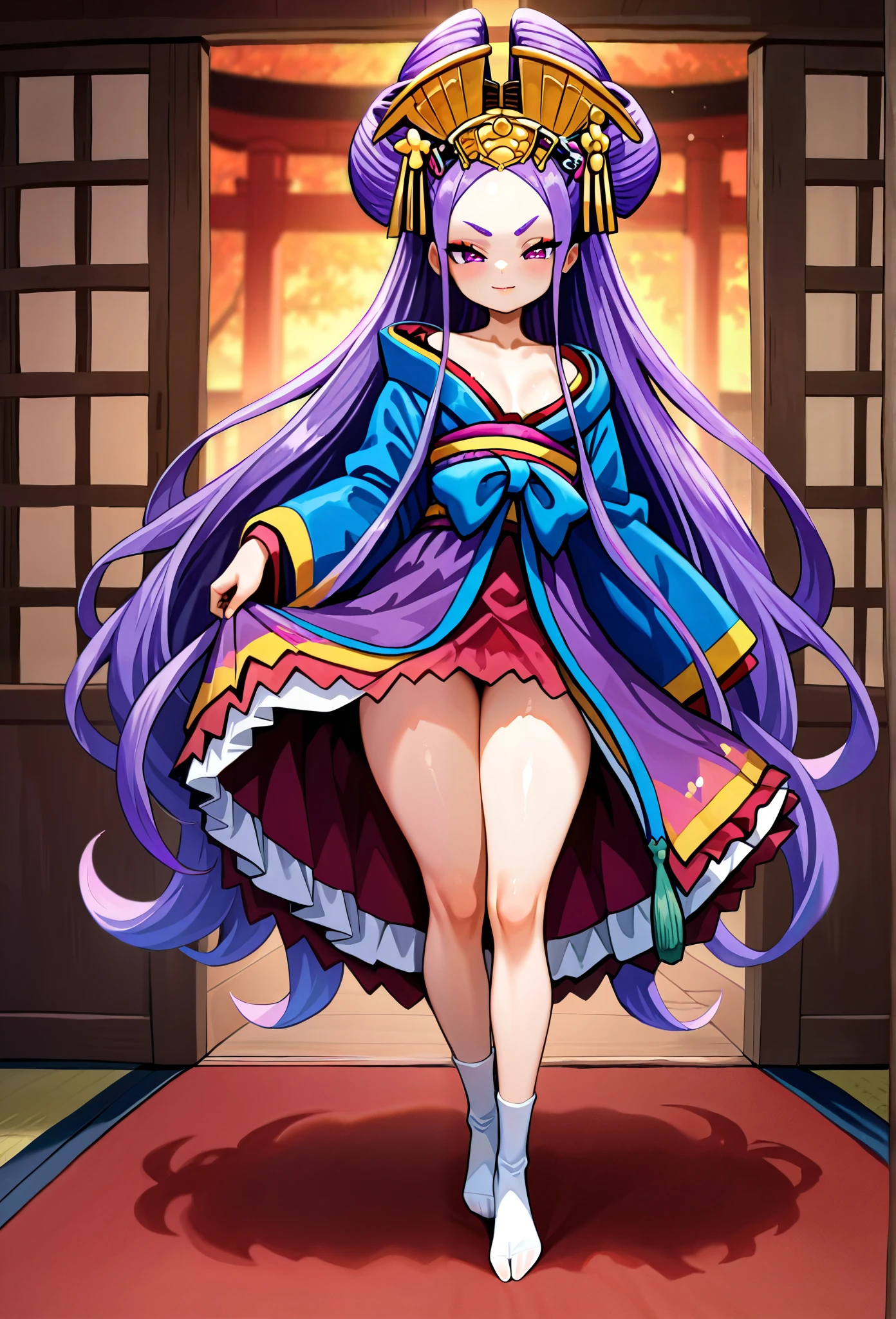 1 Girl, long hair, purple hair, purple eyes,Forehead,Japanese clothing,Oiran, Japanese hairstyle ,Hair Bun, skirt, Showing thighs, top quality, is very beautiful,absurd, high resolution, latest,waist, white split toe socks,sock, socks, make up