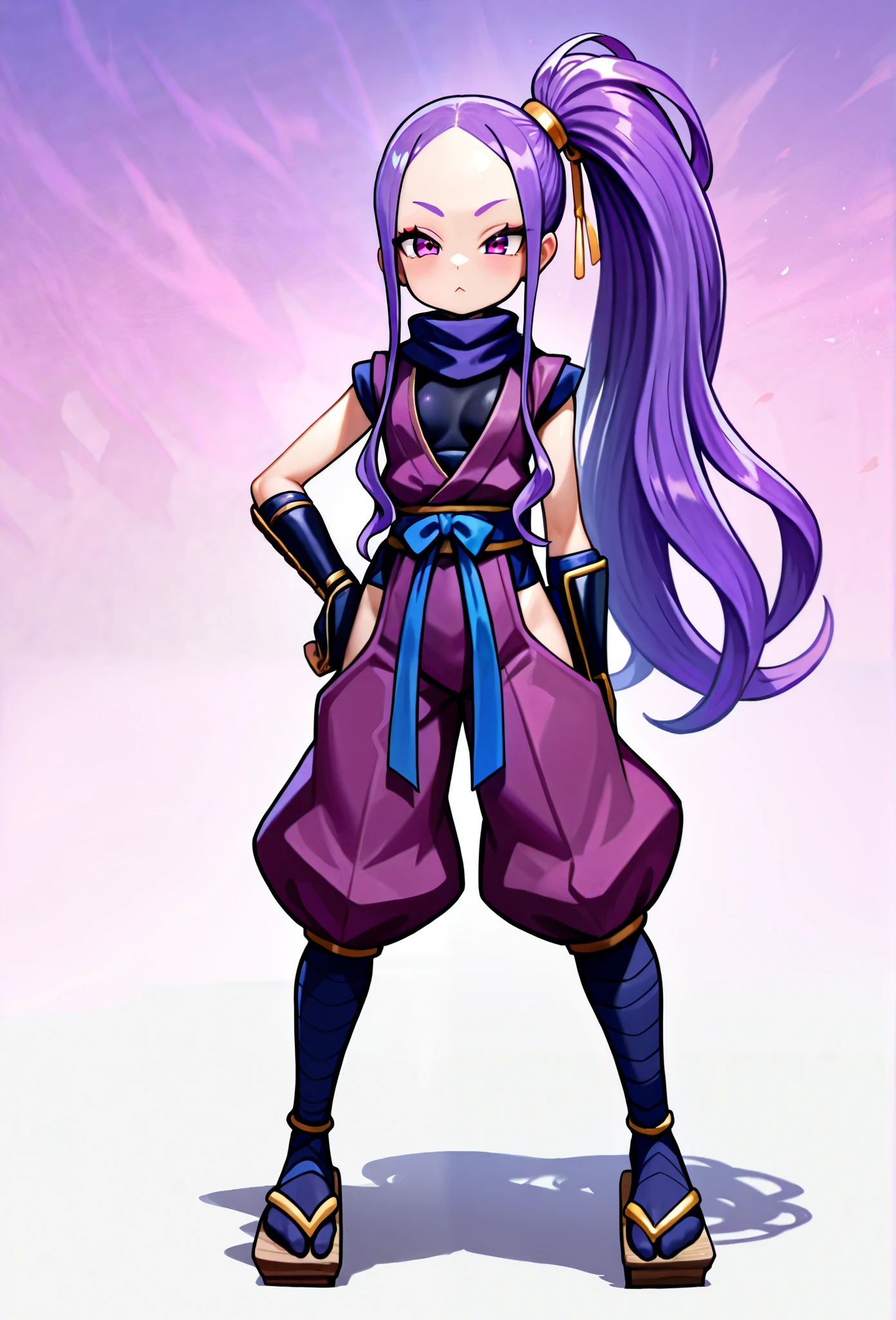 1 Girl, long hair, purple hair, purple eyes,Forehead,Japanese Ninja , Ninja clothing, Single ponytail, top quality, is very beautiful,absurd, high resolution, latest,waist, split toe socks, Straw sandals