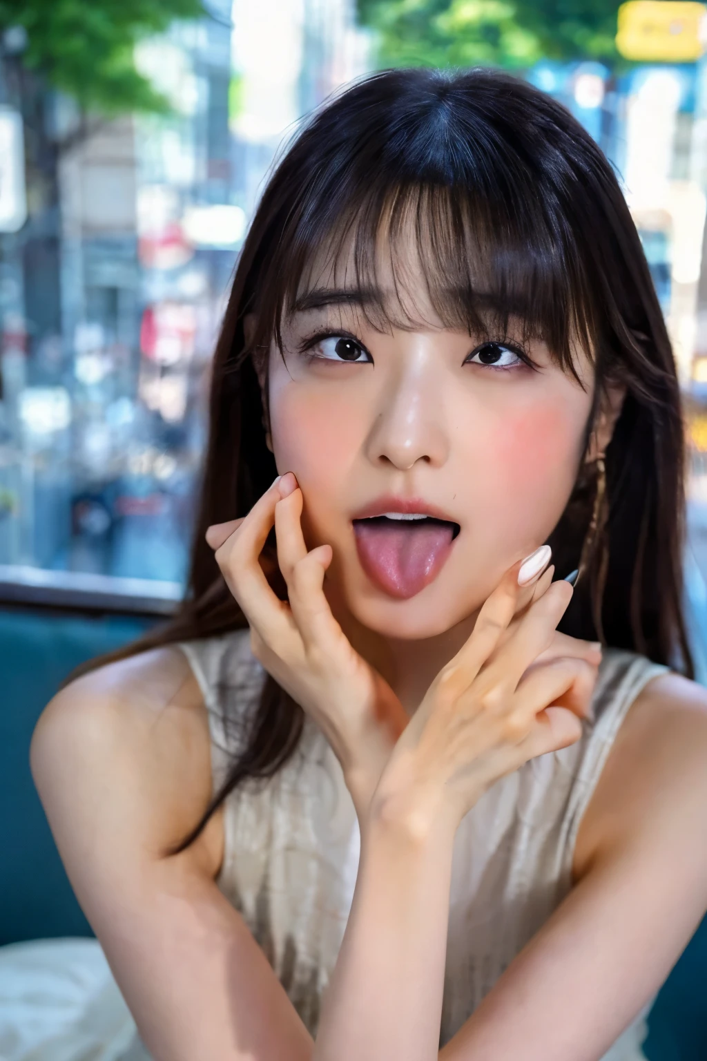 one woman, Japanese actress, (She opens her mouth wide:1.6), she looks up at the sky, (POV:1.2), composition looking down on her, Composition of the camera shooting from above, On the bustling street, in the crowd , Close-up of face , masterpiece, highres, high-resolution, 8k,8k portrait , realistic, RAW photo, real person, portrait photography, photo realistic, detailed skin, (best quality, Ultra detailed: 1.2),