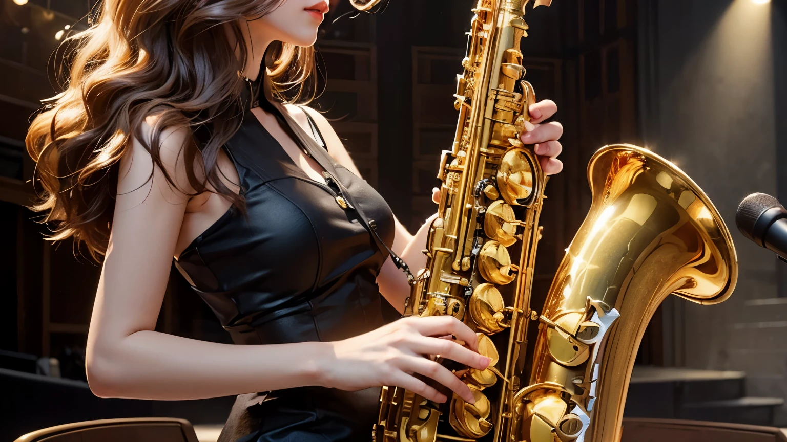 "A realistically detailed 2.5D illustration of a woman playing a Selmer Mark VI tenor saxophone in a small concert hall. The tenor saxophone is a golden brass wind instrument with a long, curved body and a large flared bell pointing downward. She holds it correctly, with her left hand on the upper keys and her right hand on the lower keys, supported by a black neck strap. The saxophone's detailed keys and intricate mechanics shine under the warm stage lights. She wears a sleek black dress, and her long hair cascades as she plays with deep emotion. The wooden stage beneath her feet is dimly lit, while the blurred audience seating in the background adds depth and realism to the scene."