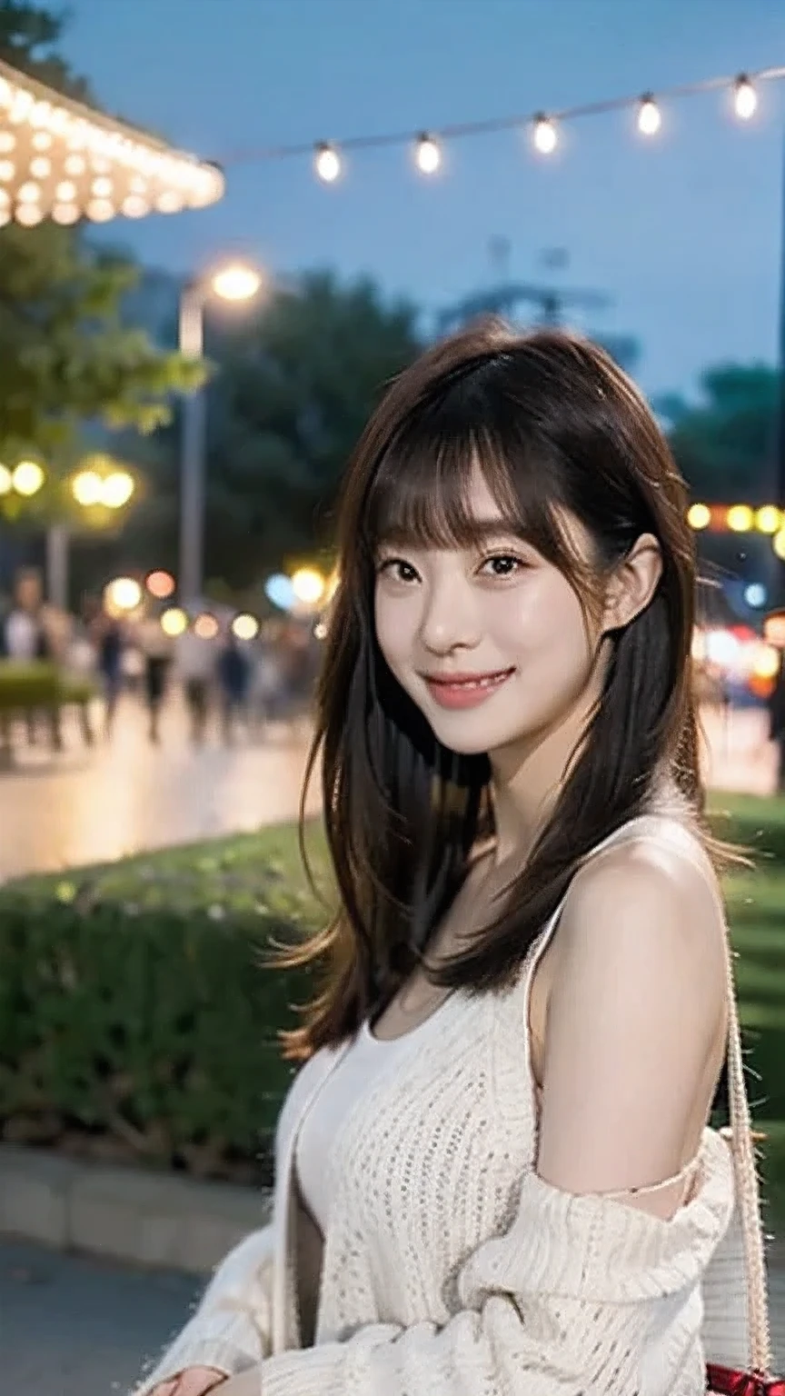 1 girl, Hi-Res, long hair, look, bangs, top quality, anatomically correct, Park with a night view, smiles,