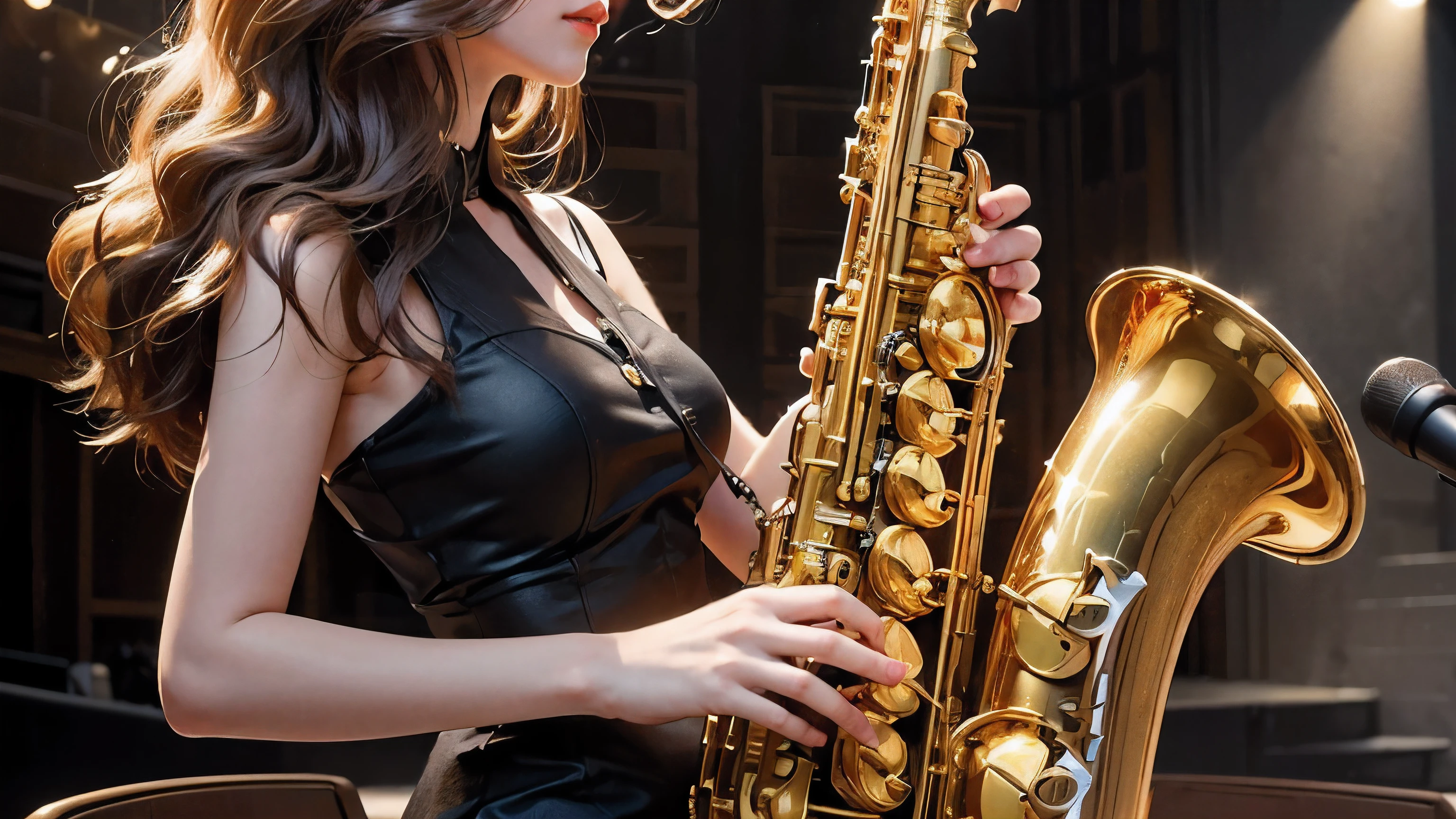 "A realistically detailed 2.5D illustration of a woman playing a Selmer Mark VI tenor saxophone in a small concert hall. The tenor saxophone is a golden brass wind instrument with a long, curved body and a large flared bell pointing downward. She holds it correctly, with her left hand on the upper keys and her right hand on the lower keys, supported by a black neck strap. The saxophone's detailed keys and intricate mechanics shine under the warm stage lights. She wears a sleek black dress, and her long hair cascades as she plays with deep emotion. The wooden stage beneath her feet is dimly lit, while the blurred audience seating in the background adds depth and realism to the scene."