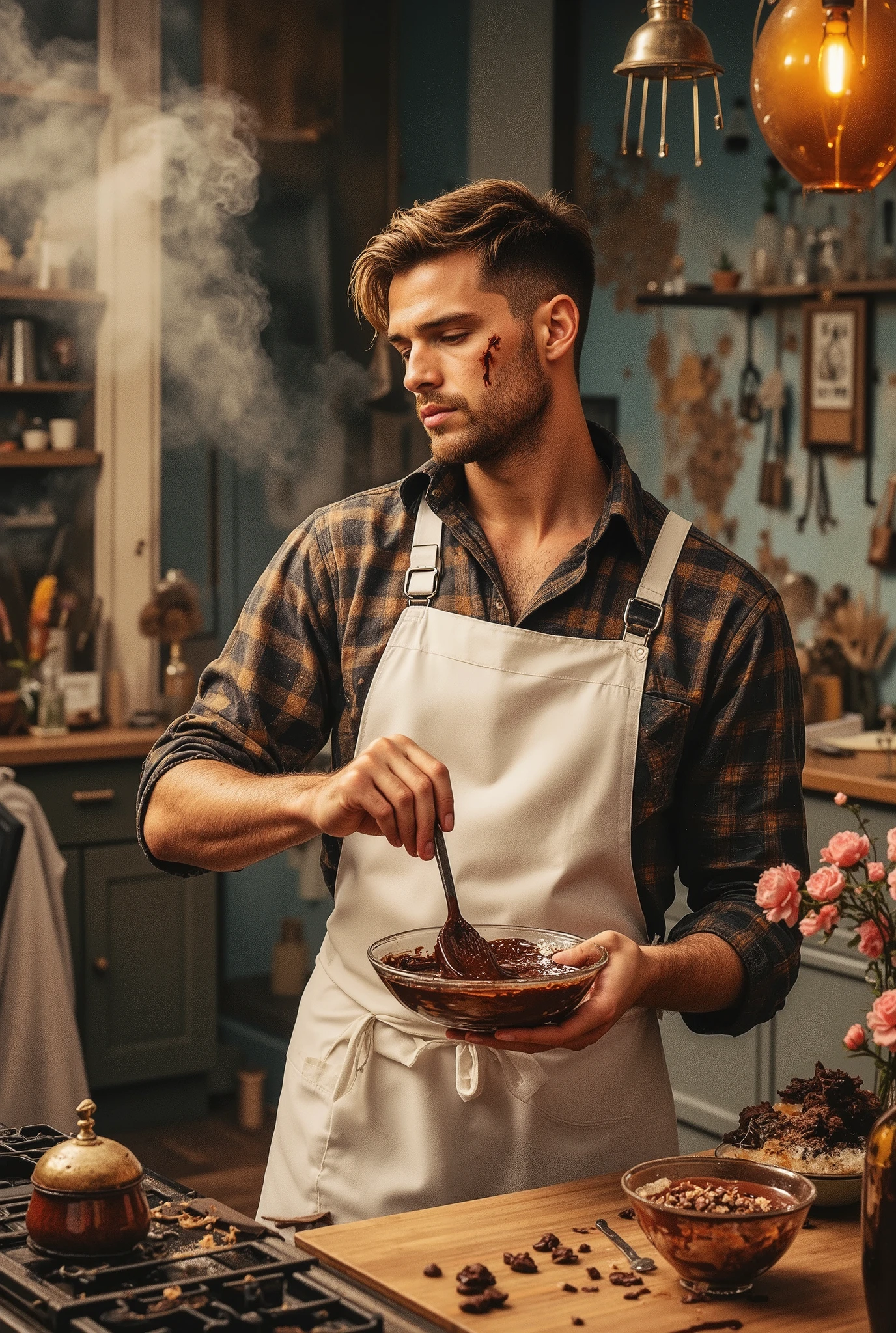 Neo-baroque style, oil pastel blend, young man\(with scar on cheek, melted chocolate on cheek, sharp eyes aiming for his prey, standing, holding cooking glass bowl in one hand and spatula in the other, mixing cooking bowl with spatula, wearing mafia outfit with dangerous aura, white apron on top\), delicious melted chocolate in cooking bowl, side shot, modern kitchen background, vase with flower gift placed to the side, dangerous aura, cooking scene, glamorous and luxurious setting, warm and rich color tones, exquisite details, dramatic lighting, intense expression, smoky atmosphere, UHD, retina, masterpiece, accurate, anatomically correct, textured skin, ultra detailed, high detail, high quality, best quality, high resolution, 1080P, HD, 16k
