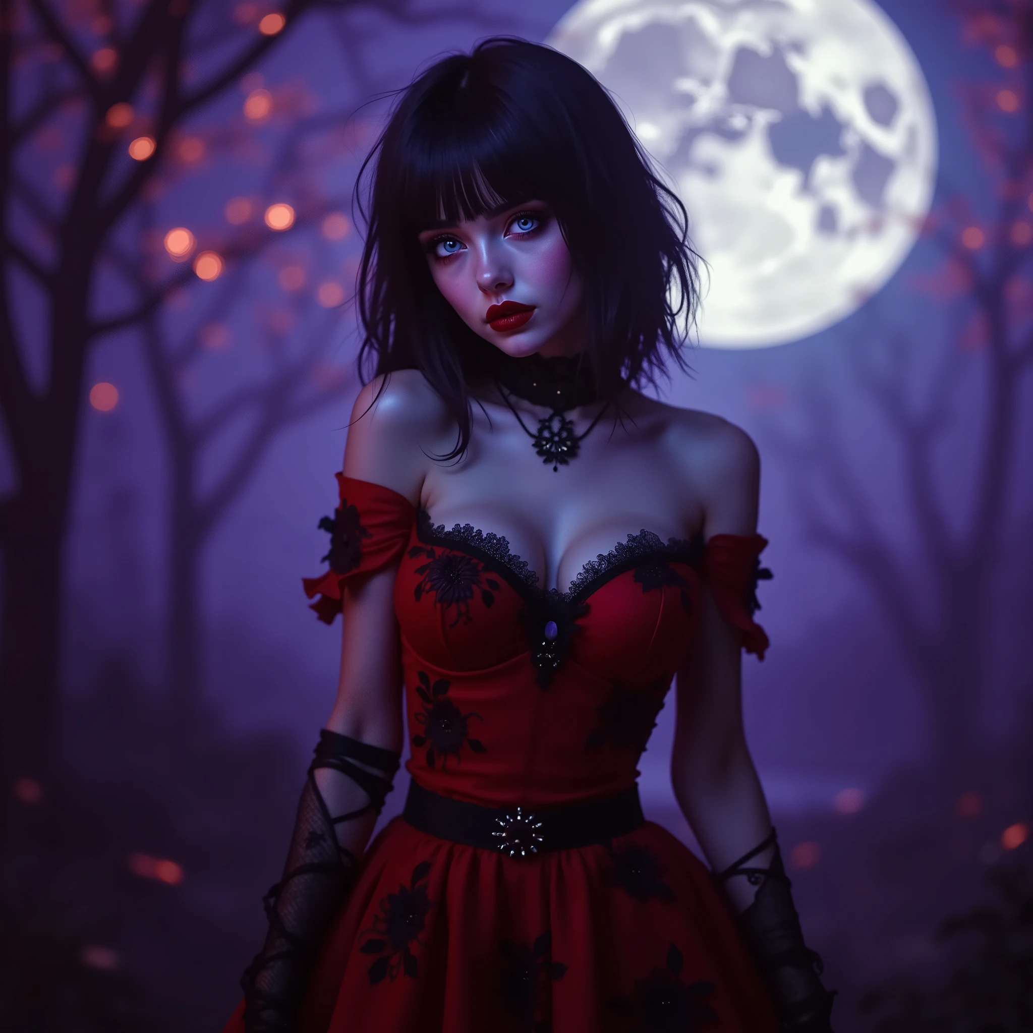 ((RAW photo), absurd, (absurdresolution)), score_9_up, score_8_up, score_7_up, film frame, waifu, (beautiful vampire woman, gorgeous girl, 19 years old, gorgeous, slim, smiling), (crimson red eyes, sharp pupil, realistic), (bob haircut, salmon pink and metallic black, shiny), (looking shy:1.3) (bright red glossy full lips, sharp teeth, makeup, mascara), (red gothic dress, elegant floral embroidery, tight fit, black thighs, heels), (standing, looking at viewer), (full moon, purple haze). (Photographic Perspective). «SunPuma S»