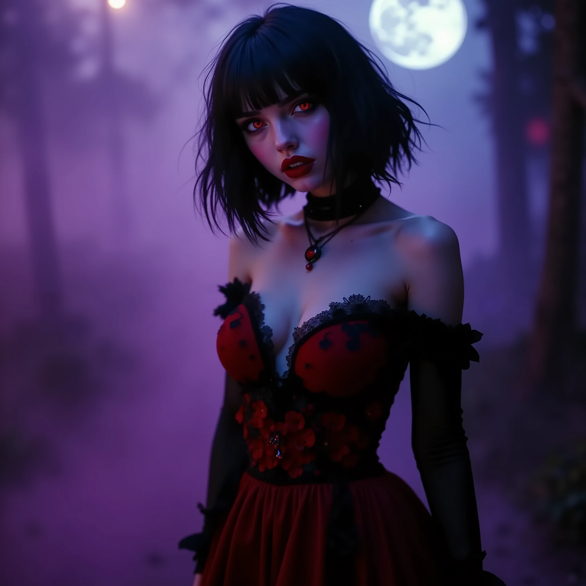 ((RAW photo), absurd, (absurdresolution)), score_9_up, score_8_up, score_7_up, film frame, waifu, (beautiful vampire woman, gorgeous girl, 19 years old, gorgeous, slim, smiling), (crimson red eyes, sharp pupil, realistic), (bob haircut, salmon pink and metallic black, shiny), (looking shy:1.3) (bright red glossy full lips, sharp teeth, makeup, mascara), (red gothic dress, elegant floral embroidery, tight fit, black thighs, heels), (standing, looking at viewer), (full moon, purple haze). (Photographic Perspective). «SunPuma S»