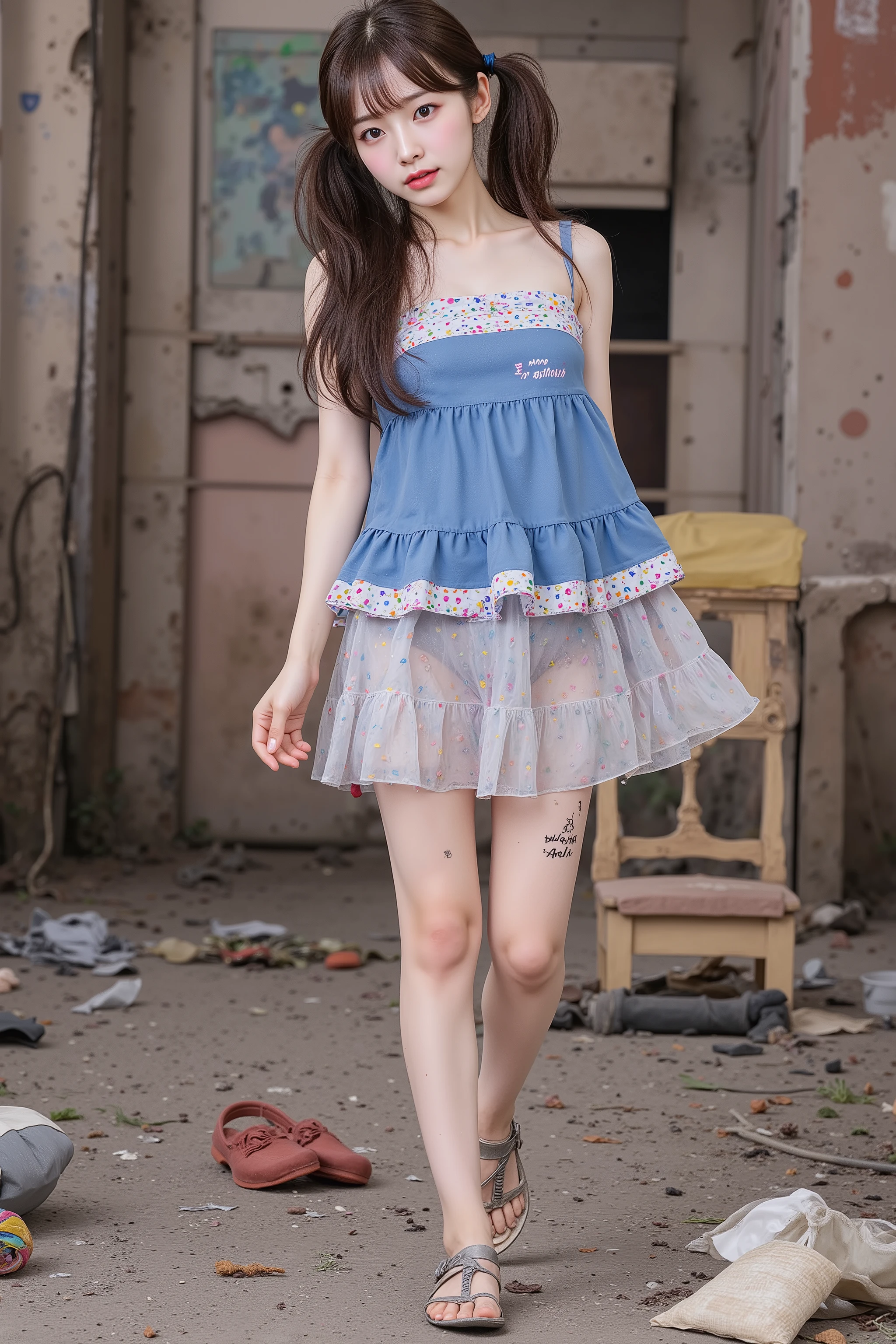 8k,masterpiece,Portrait Photography,Japanese,7--old l,Cute face,round face,Innocent face,Calm Eyes,Big eyes,Fine grain,delicate,Slim body,Narrow shoulders,Small waist,Thin legs,Short stature,Extremely small breasts,summer,indoor,In the studio,Cute outfit,Glittery clothes,Satin,The lighting makes the clothes transparent,Girly Fashion,one piece,Summer Dresses,Quite short length,ribbon,choker,レースのchoker,barefoot,Cute sandals,See-through,Medium-long hair,Cinematic lighting,Natural smile,Natural pose,Reader model for children&#39;s fashion magazine,