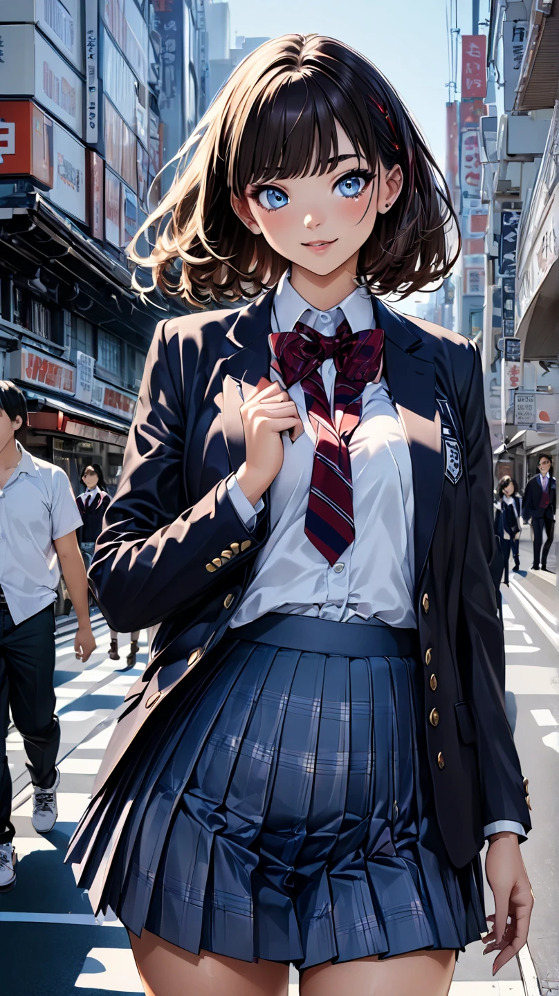 (masterpiece:1.3, top-quality, ultra high res, ultra detailed), (realistic, photorealistic:1.4), beautiful illustration, perfect lighting, natural lighting, colorful, depth of fields, ,
beautiful detailed hair, beautiful detailed face, beautiful detailed eyes, beautiful clavicle, beautiful body, beautiful chest, beautiful thigh, beautiful legs, beautiful fingers, shiny skin,
looking at viewer, 1womanl, maturefemale:1.2, high school girl, (perfect anatomy, anatomically correct, super detailed skin), cute and symmetrical face, perfect face, perfect eyes,
(middle hair, twintails, light brown hair), hair between eyes, maroon eyes, long eyelashes, (large breasts:0.7, seductive thighs), slender,
(detailed cloth texture), (dark blue blazer, dark blue pleated skirt, socks, private school uniform:1.2, red necktie), white panties,
(beautiful scenery), afternoon, (cityscape:1.2), walking, (cute smile, open mouth small),